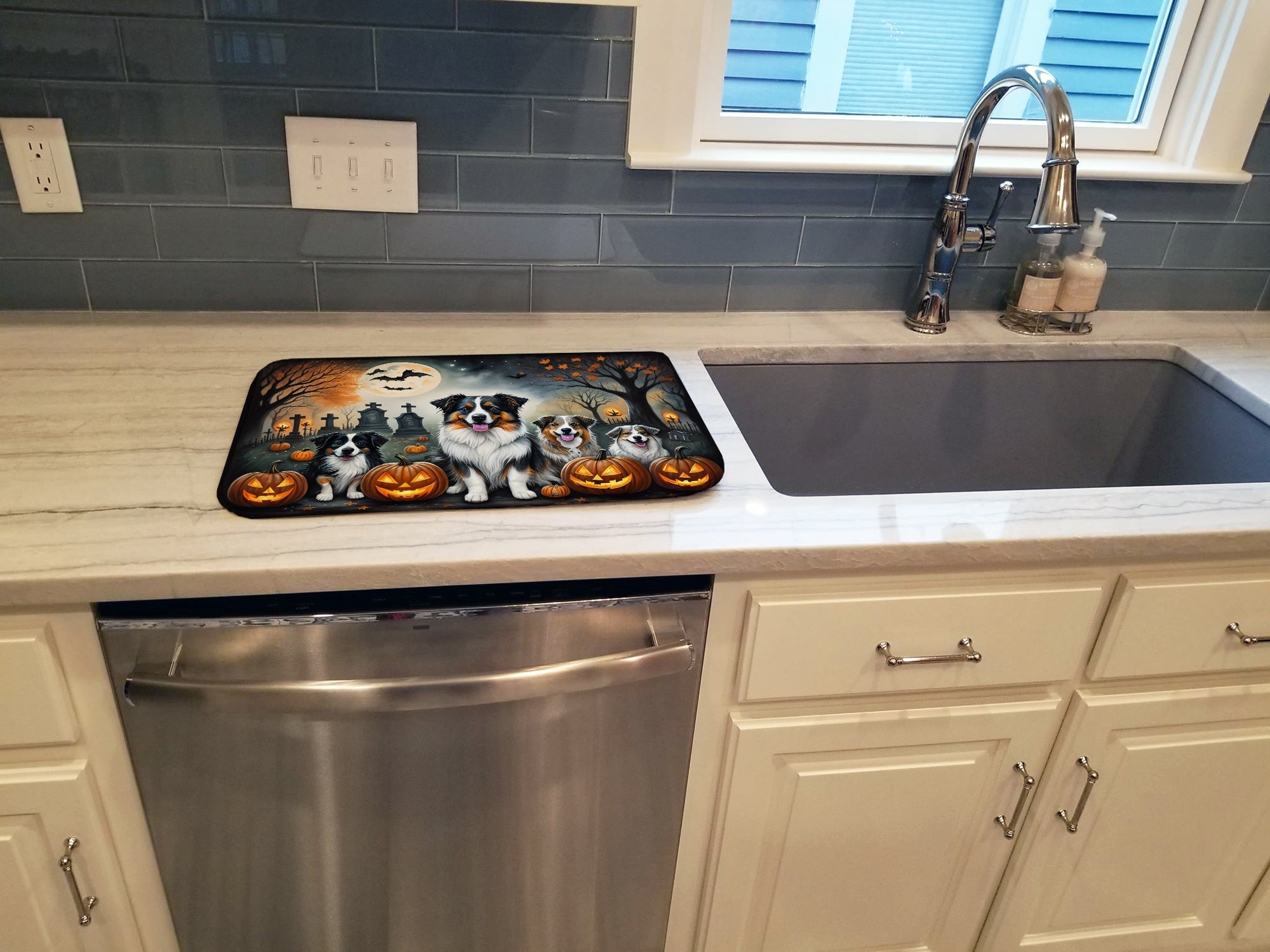 Australian Shepherd Spooky Halloween Dish Drying Mat Absorbent Dish Drying Mat Pad for Kitchen Counter Dish Drainer Mat for Countertop, 14 x 21", Multicolor
