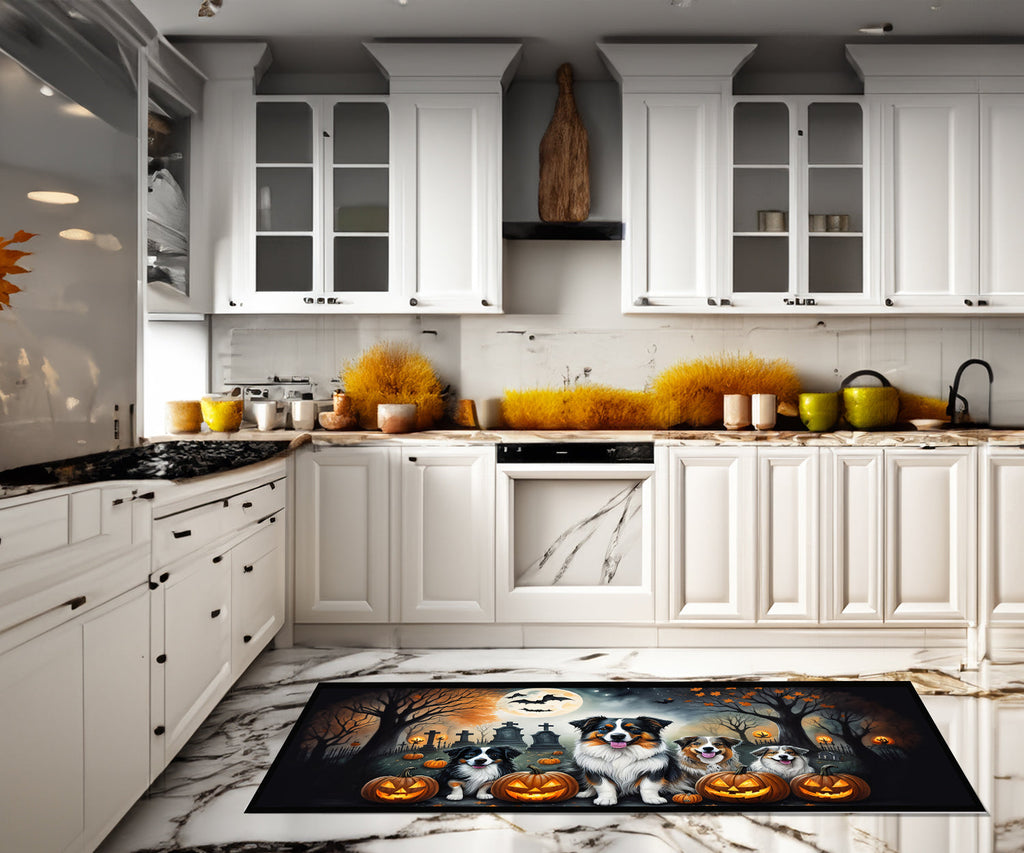 Australian Shepherd Spooky Halloween Runner Mat 28x58 Front Door Mat Indoor Outdoor Rugs for Entryway Hallway Foyer Non Slip Washable Wide Doormat