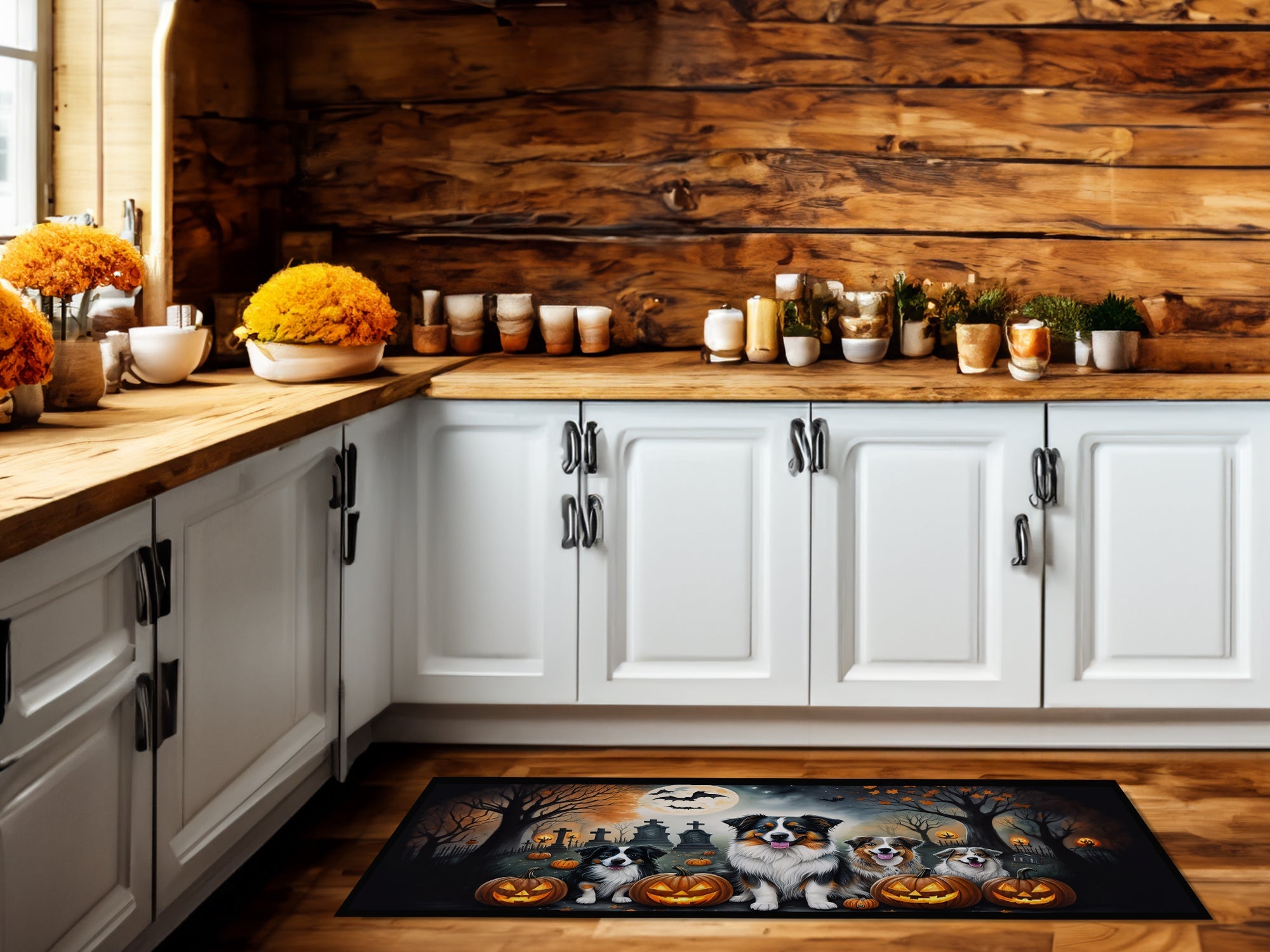 Australian Shepherd Spooky Halloween Runner Mat 28x58 Front Door Mat Indoor Outdoor Rugs for Entryway Hallway Foyer Non Slip Washable Wide Doormat