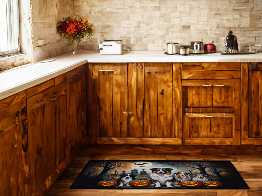 Australian Shepherd Spooky Halloween Runner Mat 28x58 Front Door Mat Indoor Outdoor Rugs for Entryway Hallway Foyer Non Slip Washable Wide Doormat