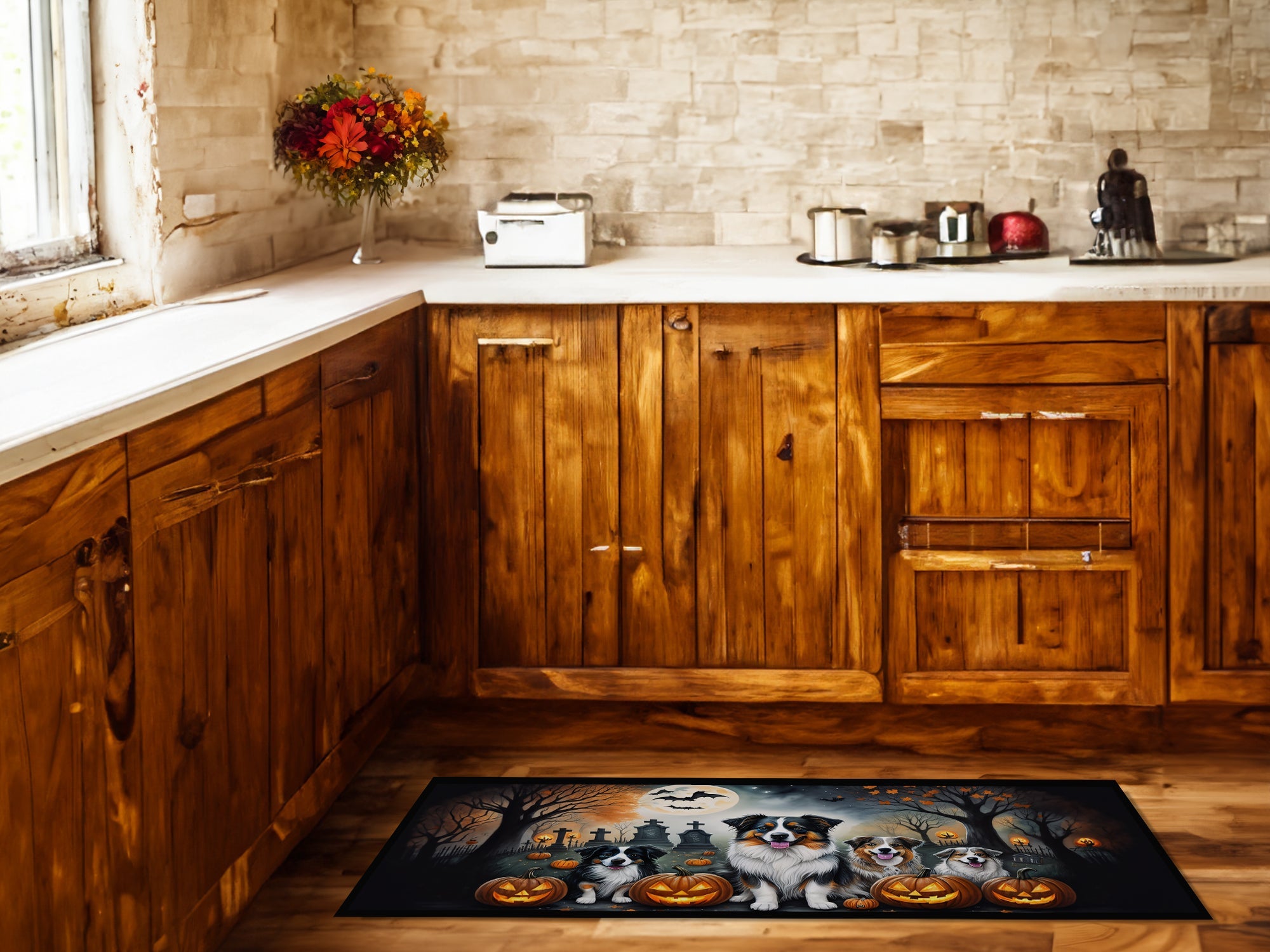 Australian Shepherd Spooky Halloween Runner Mat 28x58 Front Door Mat Indoor Outdoor Rugs for Entryway Hallway Foyer Non Slip Washable Wide Doormat