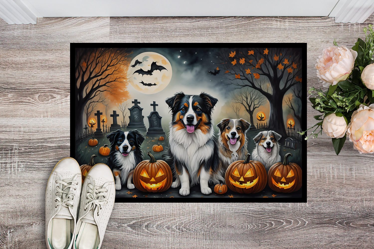 Australian Shepherd Spooky Halloween Doormat Indoor Outdoor 24H X 36W Front Door Mat Rugs for Entryway, Non Slip Washable Low Pile,