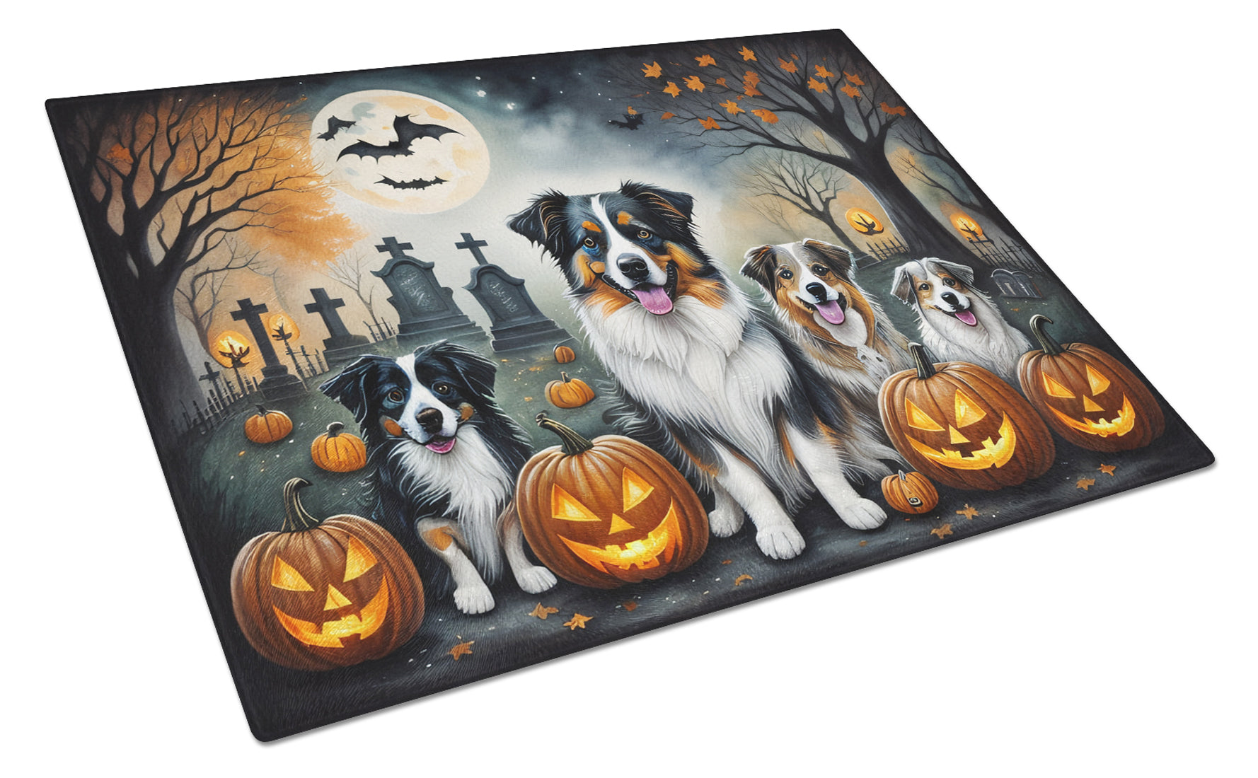 Australian Shepherd Spooky Halloween Cutting Board Tempered Glass Kitchen Cutting Surface, Heat Resistant Chopping, Non-Slip Feet, Food Prep & Serving