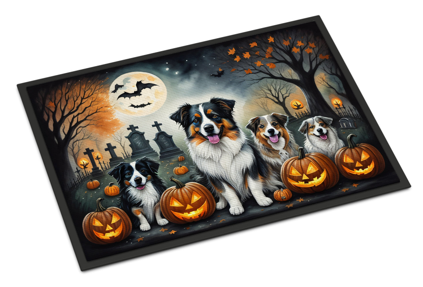 Australian Shepherd Spooky Halloween Doormat Indoor Outdoor 18H X 27W Front Door Mat Rugs for Entryway, Non Slip Washable