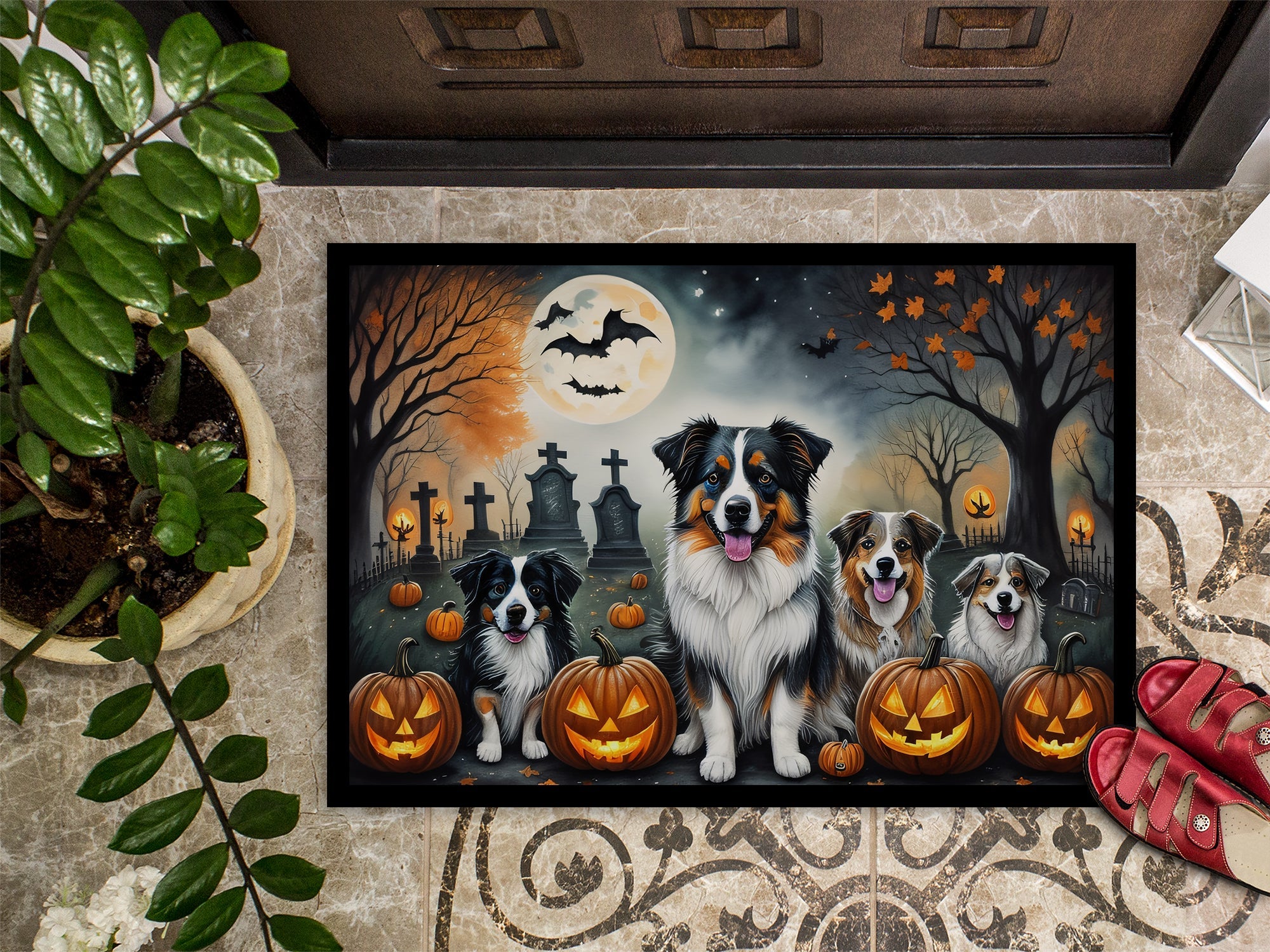 Australian Shepherd Spooky Halloween Doormat Indoor Outdoor 18H X 27W Front Door Mat Rugs for Entryway, Non Slip Washable