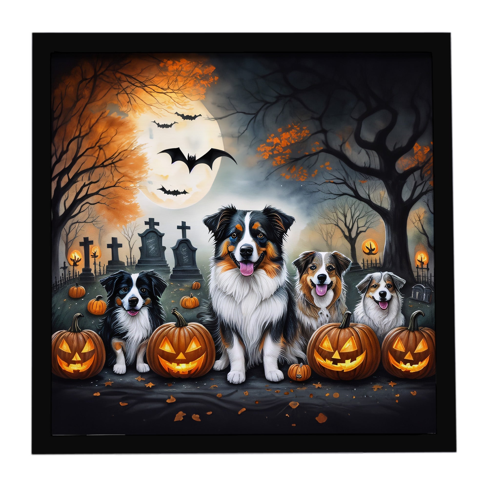 Australian Shepherd Spooky Halloween Framed Metal Print Bathroom, Kitchen, Office, Home Decor Wall Art Ready to Hang, Square, 8X8