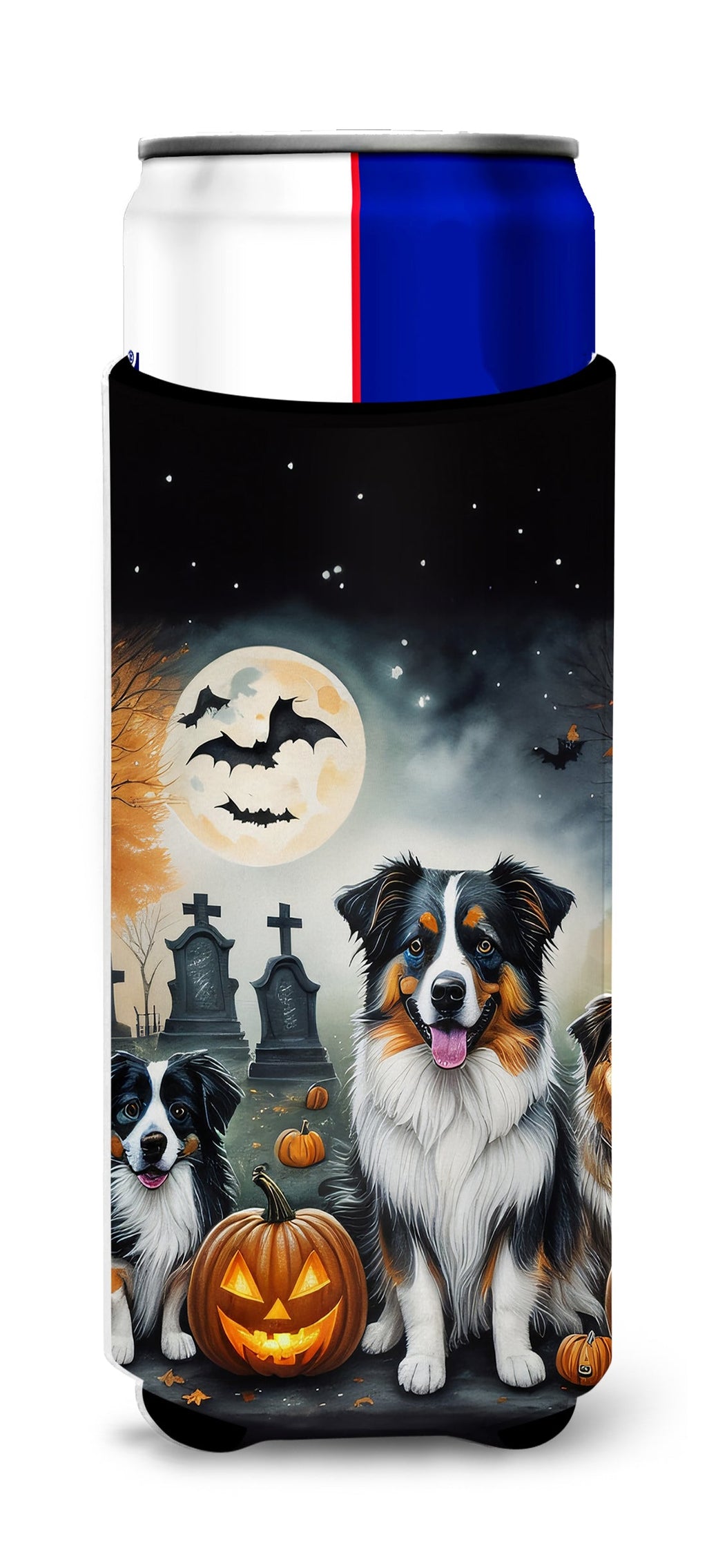 Australian Shepherd Spooky Halloween Slim Can Hugger , Insulated Foam Hugger for 12 oz Slim Cans, Beer Bottles & Water Bottles, Printed in USA