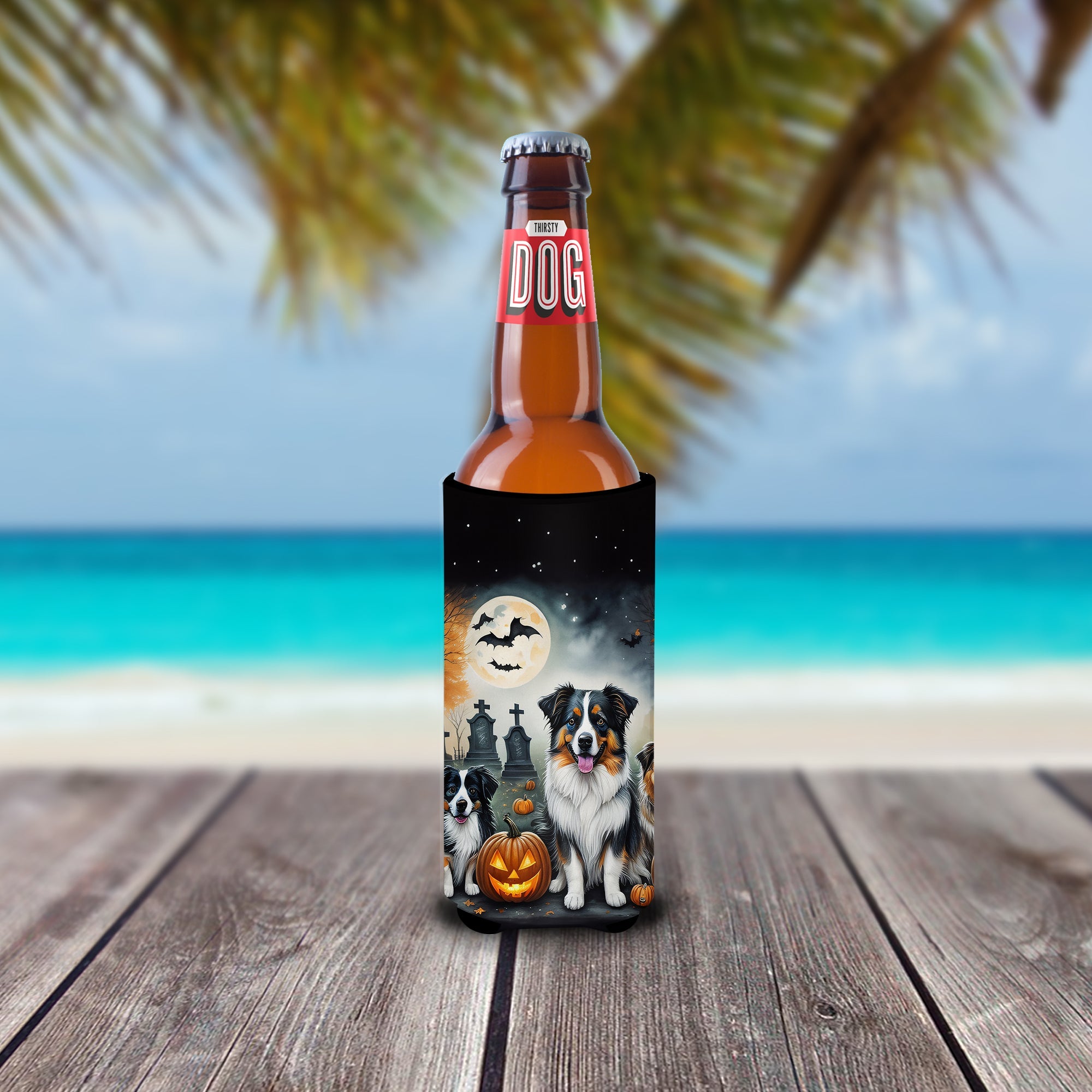Australian Shepherd Spooky Halloween Slim Can Hugger , Insulated Foam Hugger for 12 oz Slim Cans, Beer Bottles & Water Bottles, Printed in USA