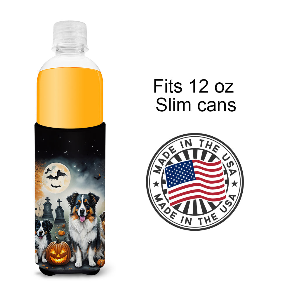 Australian Shepherd Spooky Halloween Slim Can Hugger , Insulated Foam Hugger for 12 oz Slim Cans, Beer Bottles & Water Bottles, Printed in USA