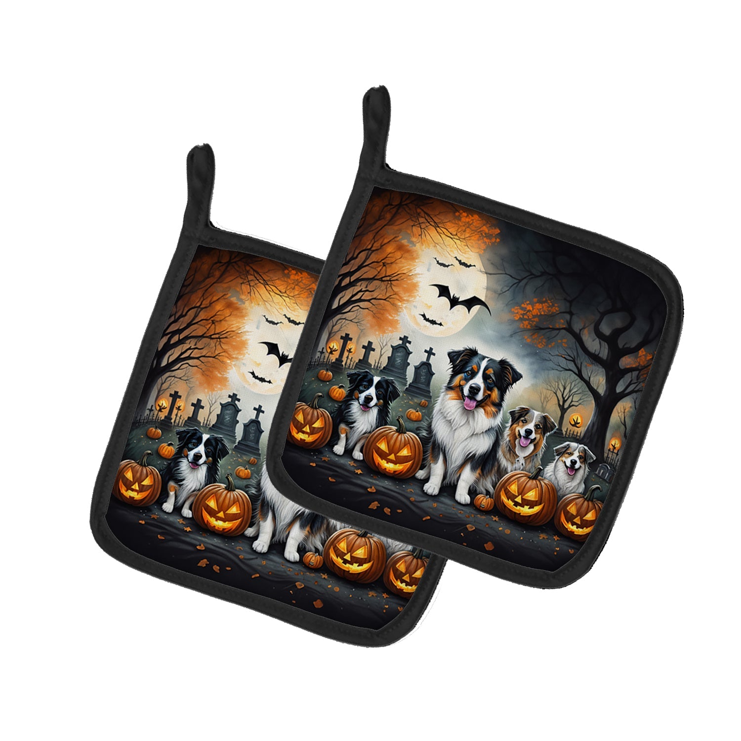 Australian Shepherd Spooky Halloween Pot Holder Set of 2 Heat Resistant Quilted Hot Pads 7.5 x 7.5 Inch, Insulated Kitchen Trivets for Cooking & Baking