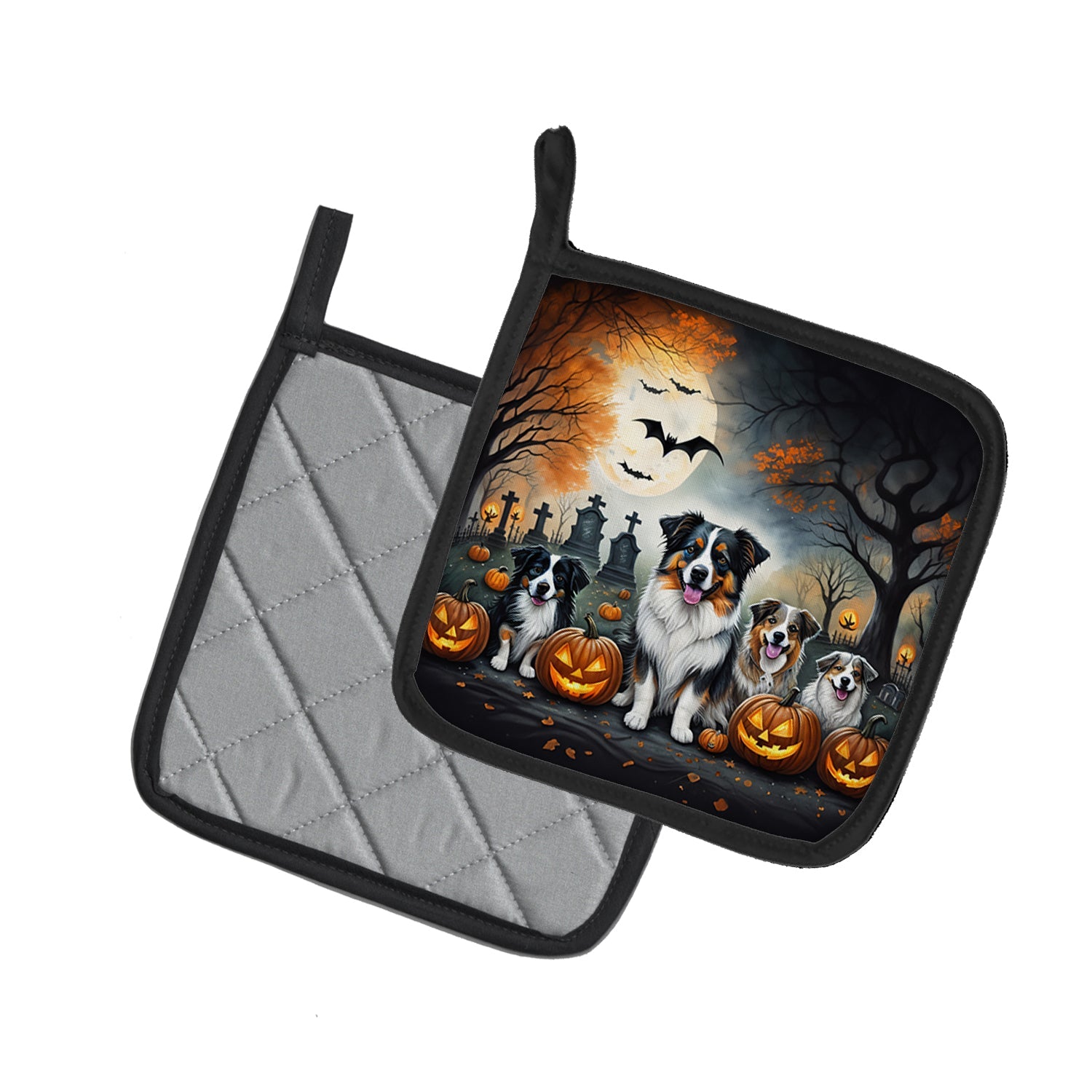 Australian Shepherd Spooky Halloween Pot Holder Set of 2 Heat Resistant Quilted Hot Pads 7.5 x 7.5 Inch, Insulated Kitchen Trivets for Cooking & Baking