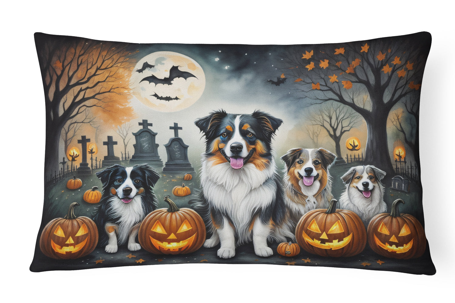 Australian Shepherd Spooky Halloween Decorative Throw Pillow 12x16 Indoor Outdoor Accent Cushion, Fabric Cover with Insert for Sofa, Bed, Porch & Living Room