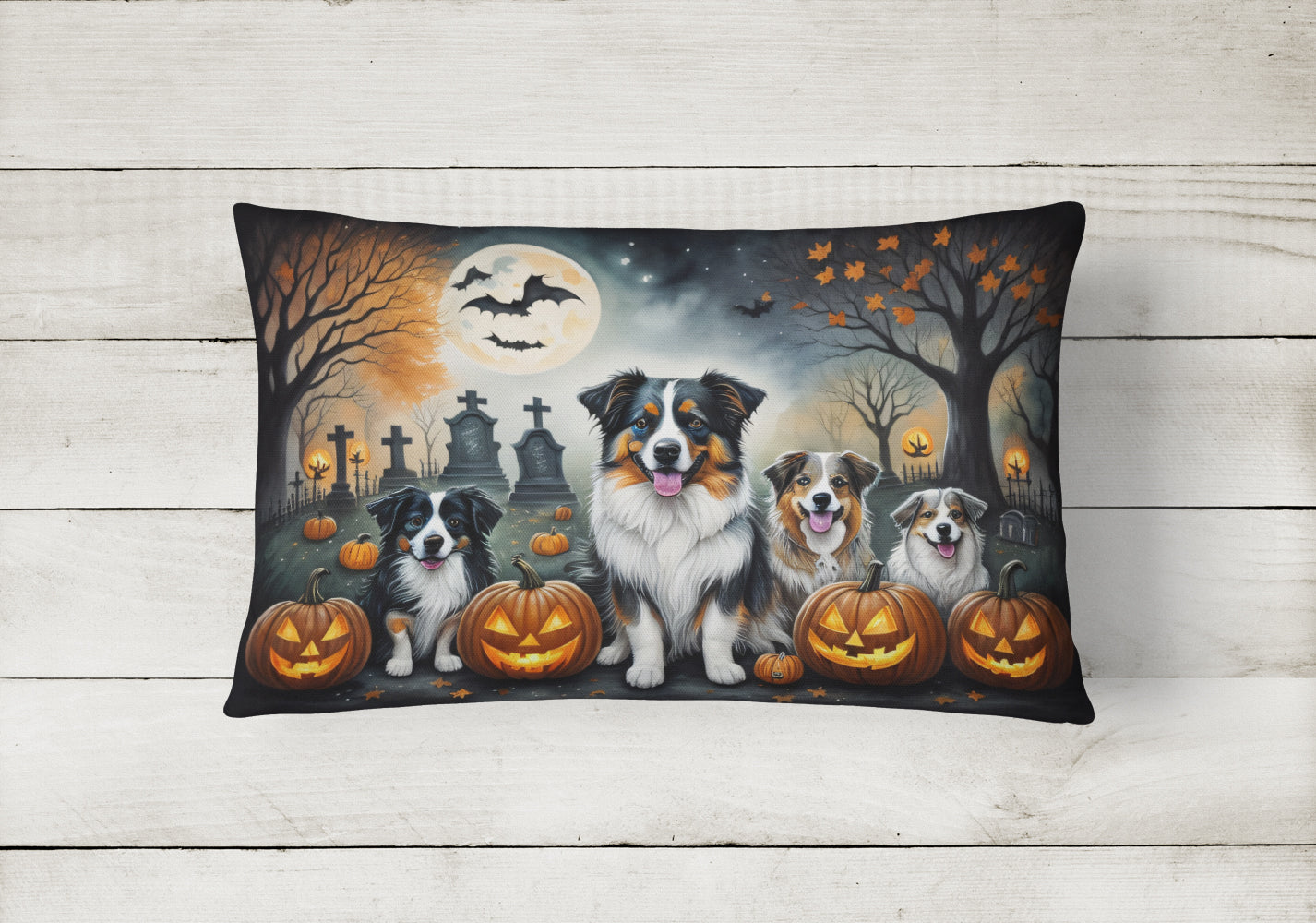 Australian Shepherd Spooky Halloween Decorative Throw Pillow 12x16 Indoor Outdoor Accent Cushion, Fabric Cover with Insert for Sofa, Bed, Porch & Living Room