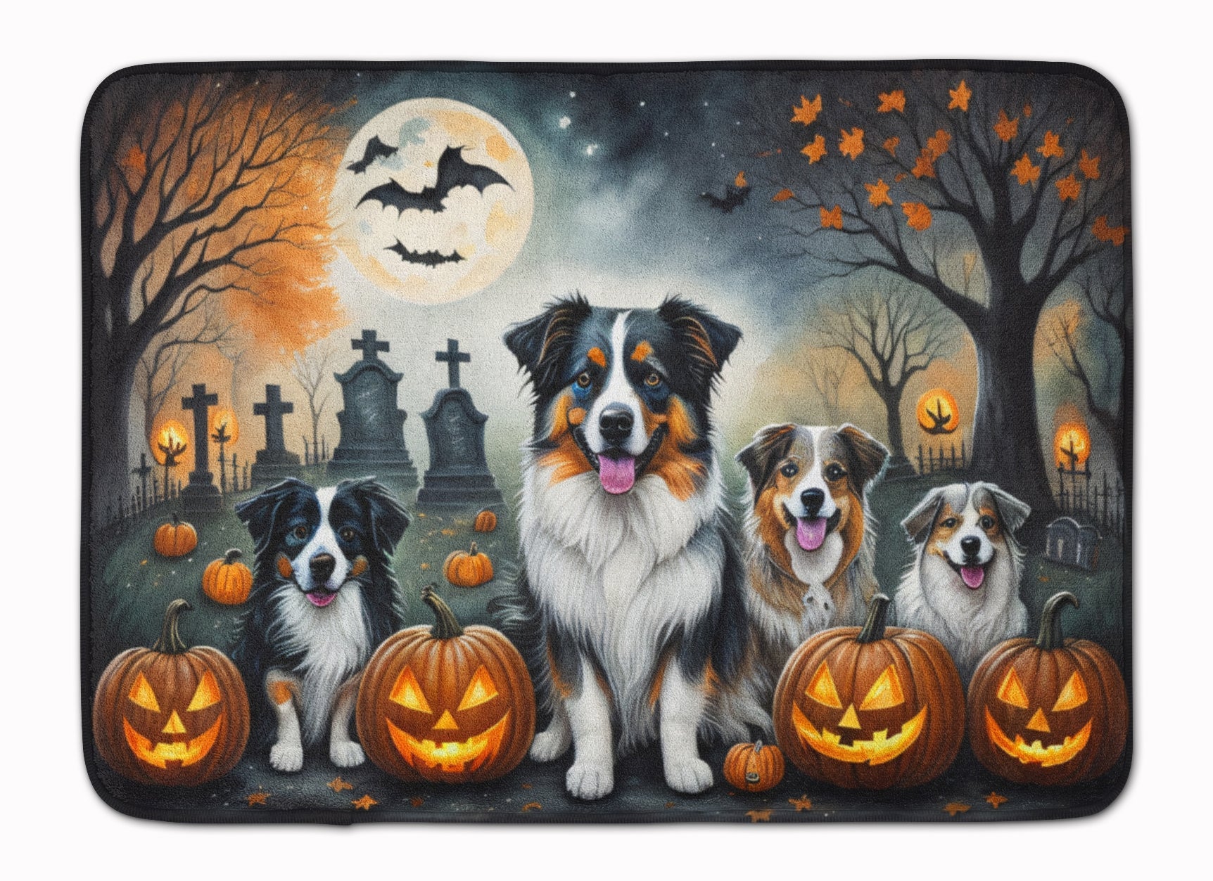 Australian Shepherd Spooky Halloween Memory Foam Kitchen Mat Machine Washable Anti-Fatigue Cushion Comfort Bath or Kitchen Rug