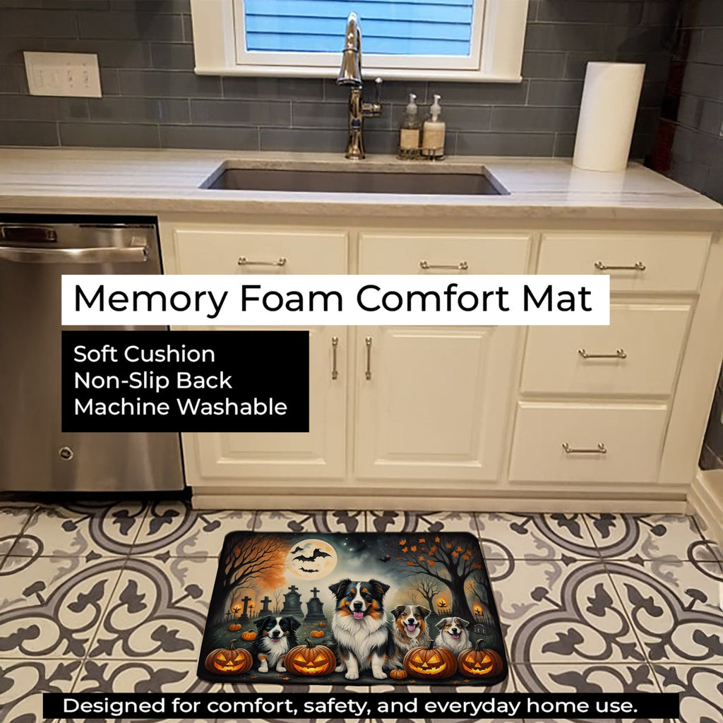 Australian Shepherd Spooky Halloween Memory Foam Kitchen Mat Machine Washable Anti-Fatigue Cushion Comfort Bath or Kitchen Rug