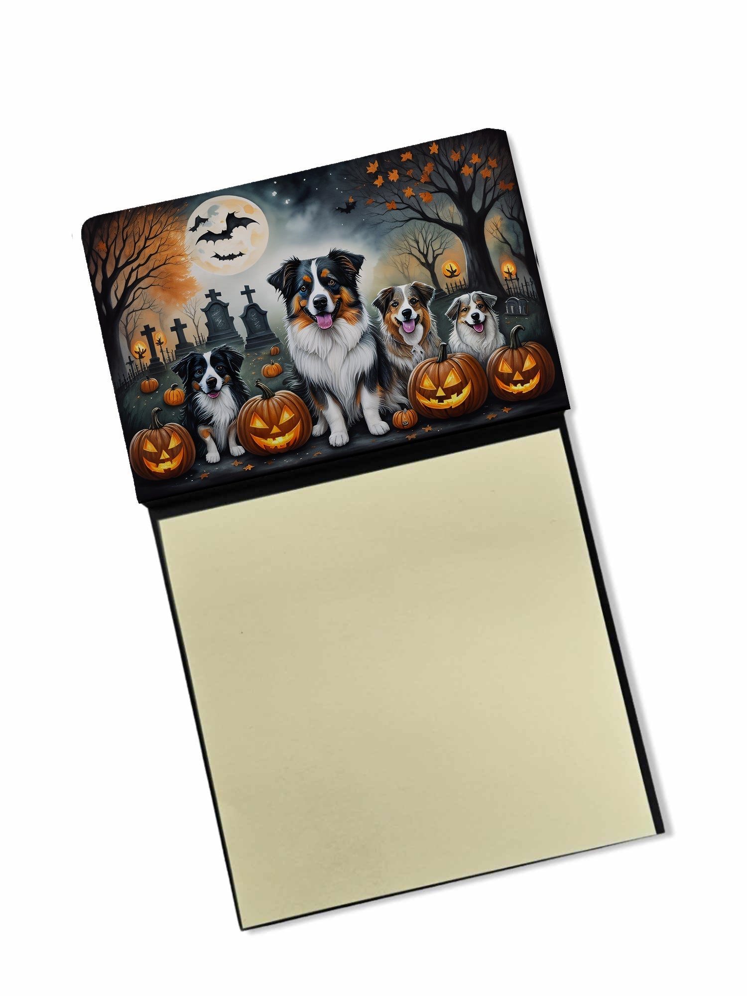 Australian Shepherd Spooky Halloween Watercolor Sticky Note Holder Refillable Dispenser Desk Accessory 3x3 Pad Gift