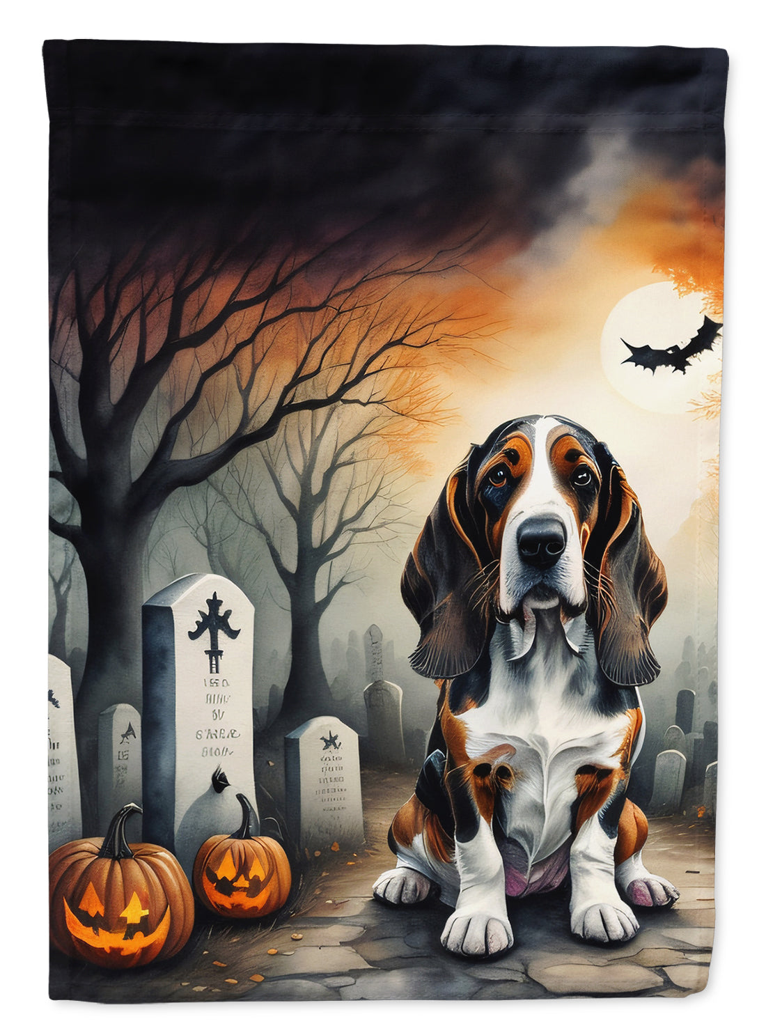 Basset Hound Spooky Halloween House Flag 28x40 Porch Sleeve Pole Decorative Outside Yard Banner Artwork Wall Hanging, Polyester