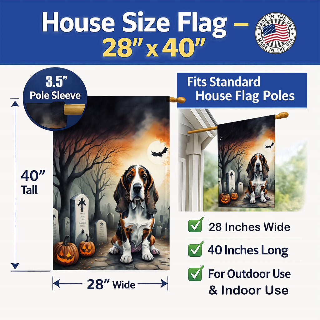 Basset Hound Spooky Halloween House Flag 28x40 Porch Sleeve Pole Decorative Outside Yard Banner Artwork Wall Hanging, Polyester