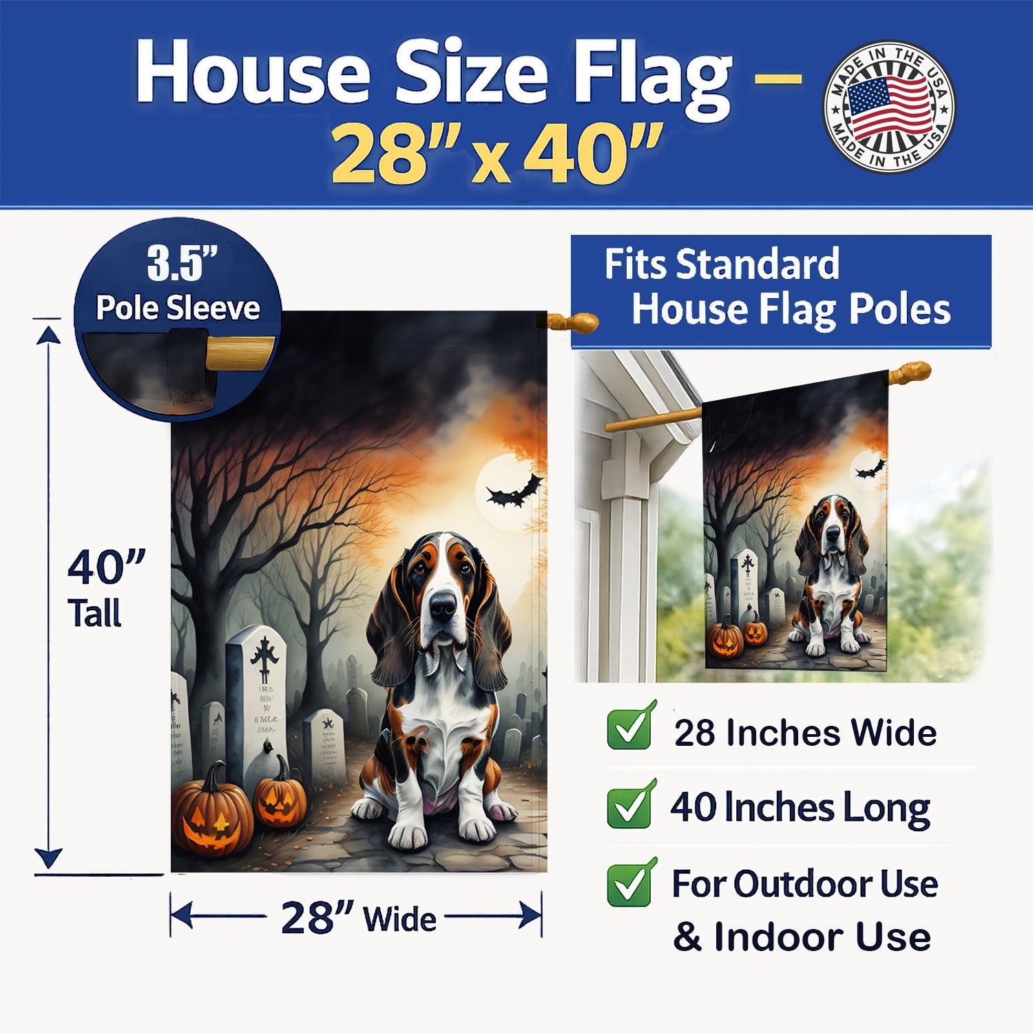 Basset Hound Spooky Halloween House Flag 28x40 Porch Sleeve Pole Decorative Outside Yard Banner Artwork Wall Hanging, Polyester