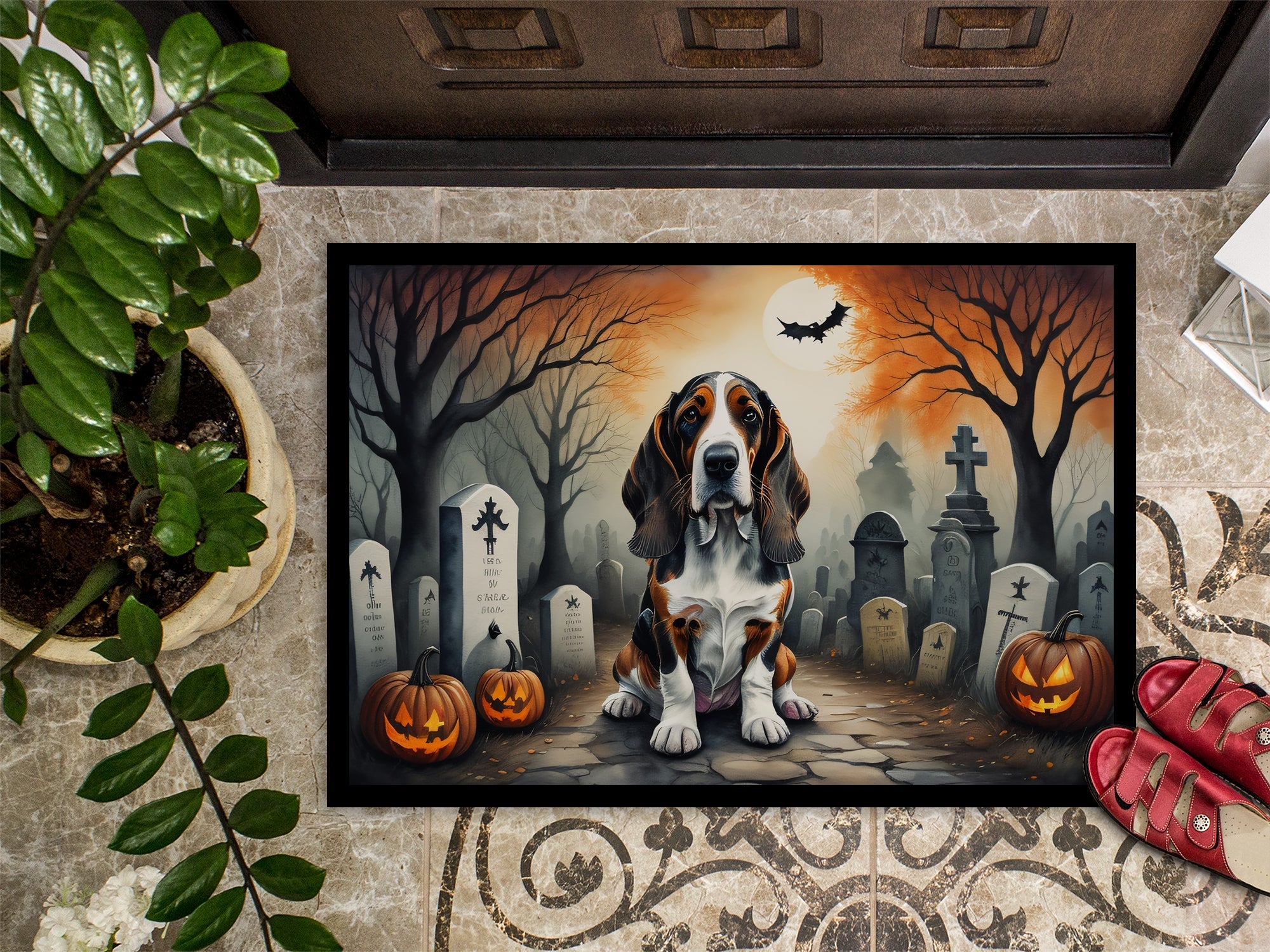 Basset Hound Spooky Halloween Doormat Indoor Outdoor 24H X 36W Front Door Mat Rugs for Entryway, Non Slip Washable Low Pile,
