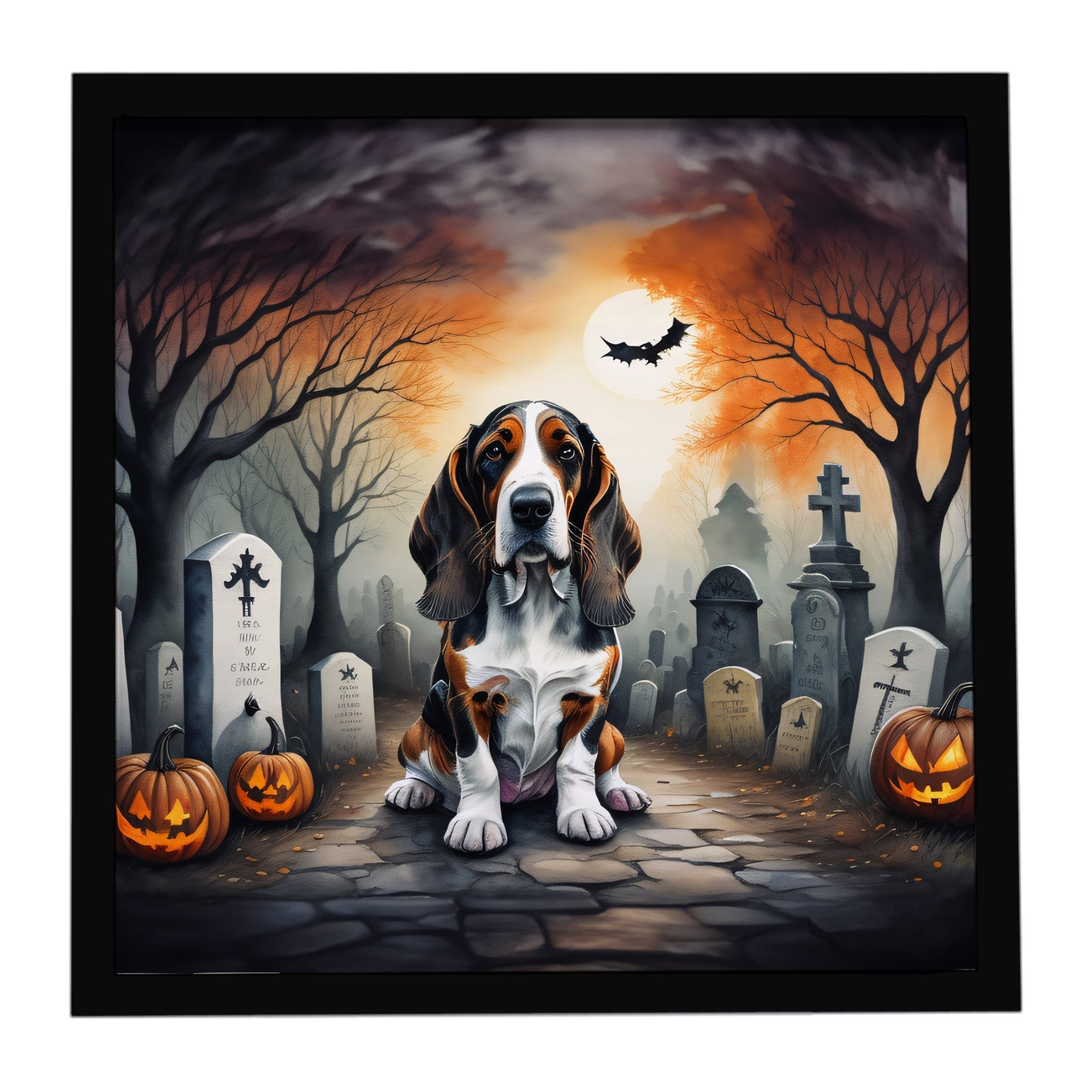 Basset Hound Spooky Halloween Framed Metal Print Bathroom, Kitchen, Office, Home Decor Wall Art Ready to Hang, Square, 8X8