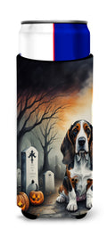Basset Hound Spooky Halloween Slim Can Hugger , Insulated Foam Hugger for 12 oz Slim Cans, Beer Bottles & Water Bottles, Printed in USA
