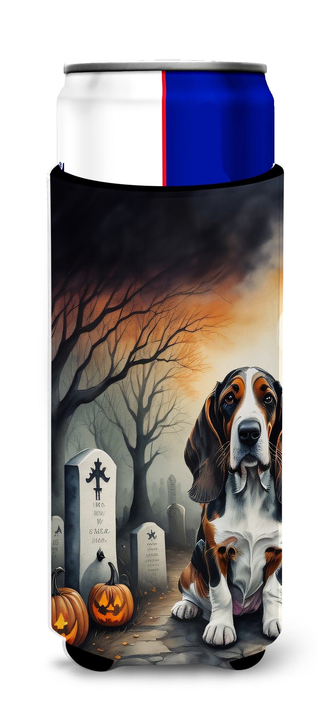 Basset Hound Spooky Halloween Slim Can Hugger , Insulated Foam Hugger for 12 oz Slim Cans, Beer Bottles & Water Bottles, Printed in USA