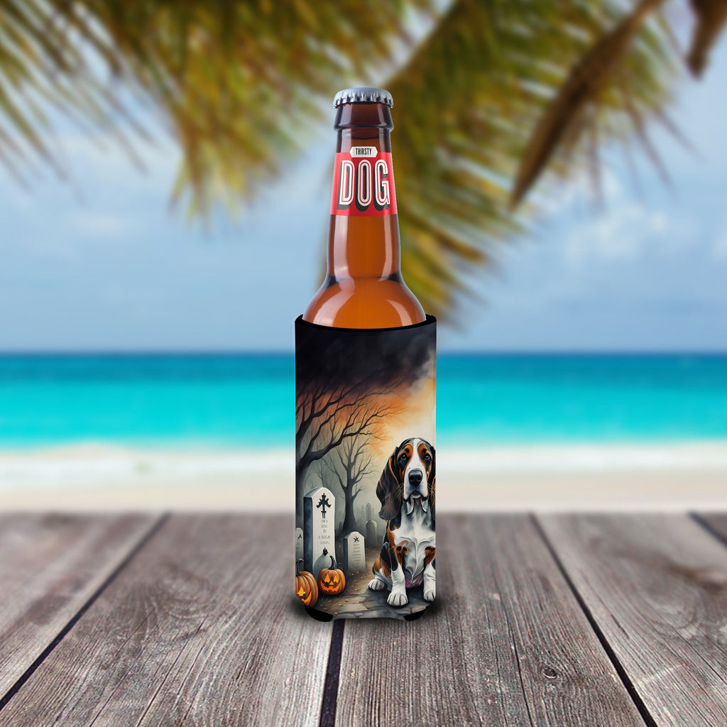 Basset Hound Spooky Halloween Slim Can Hugger , Insulated Foam Hugger for 12 oz Slim Cans, Beer Bottles & Water Bottles, Printed in USA