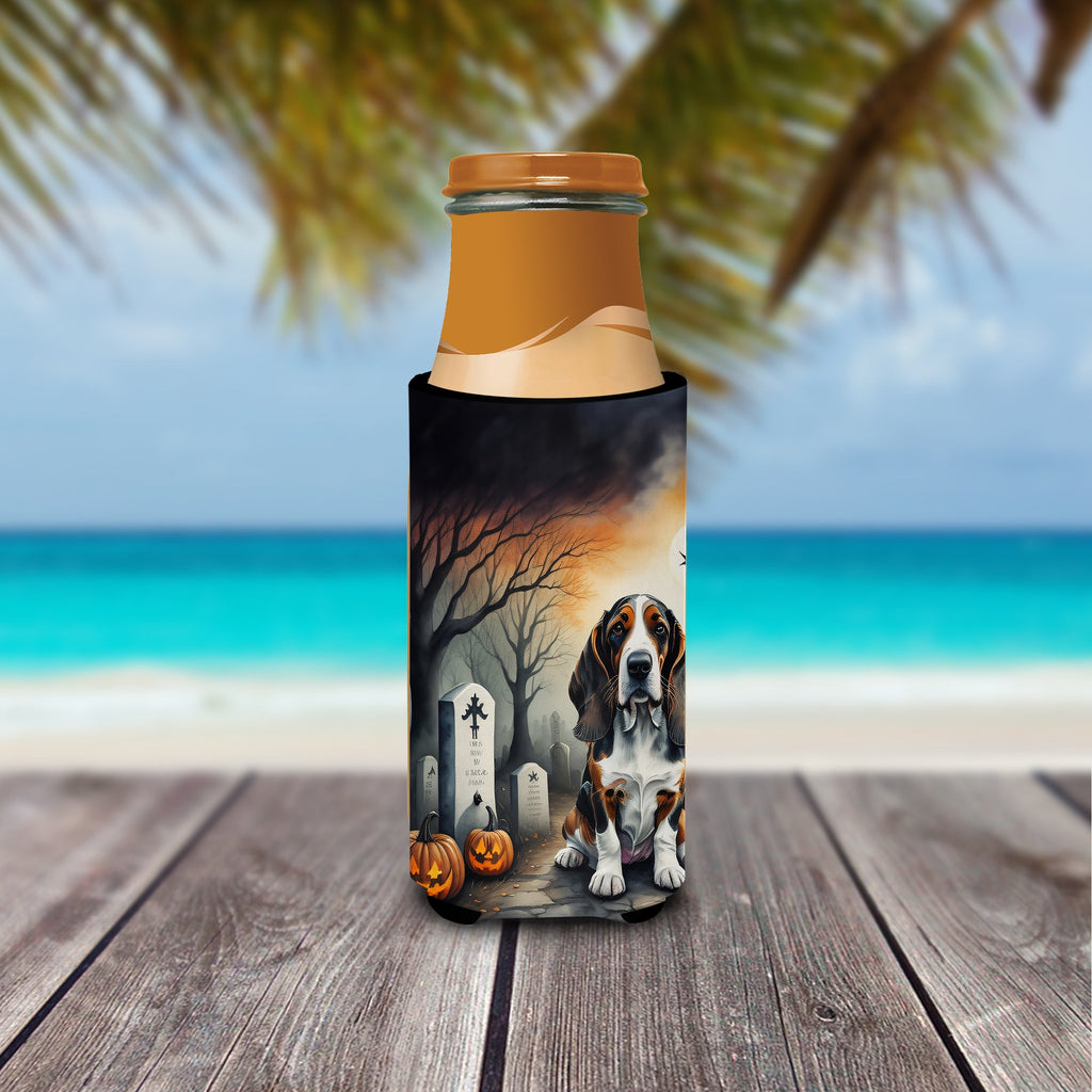 Basset Hound Spooky Halloween Slim Can Hugger , Insulated Foam Hugger for 12 oz Slim Cans, Beer Bottles & Water Bottles, Printed in USA