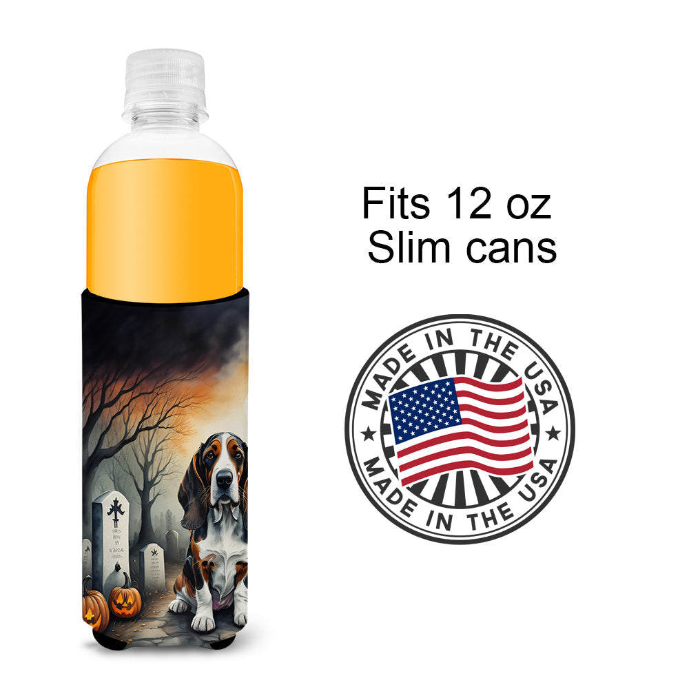 Basset Hound Spooky Halloween Slim Can Hugger , Insulated Foam Hugger for 12 oz Slim Cans, Beer Bottles & Water Bottles, Printed in USA