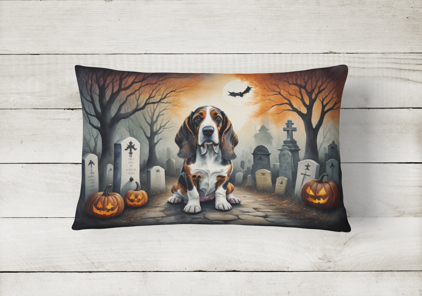 Basset Hound Spooky Halloween Decorative Throw Pillow 12x16 Indoor Outdoor Accent Cushion, Fabric Cover with Insert for Sofa, Bed, Porch & Living Room