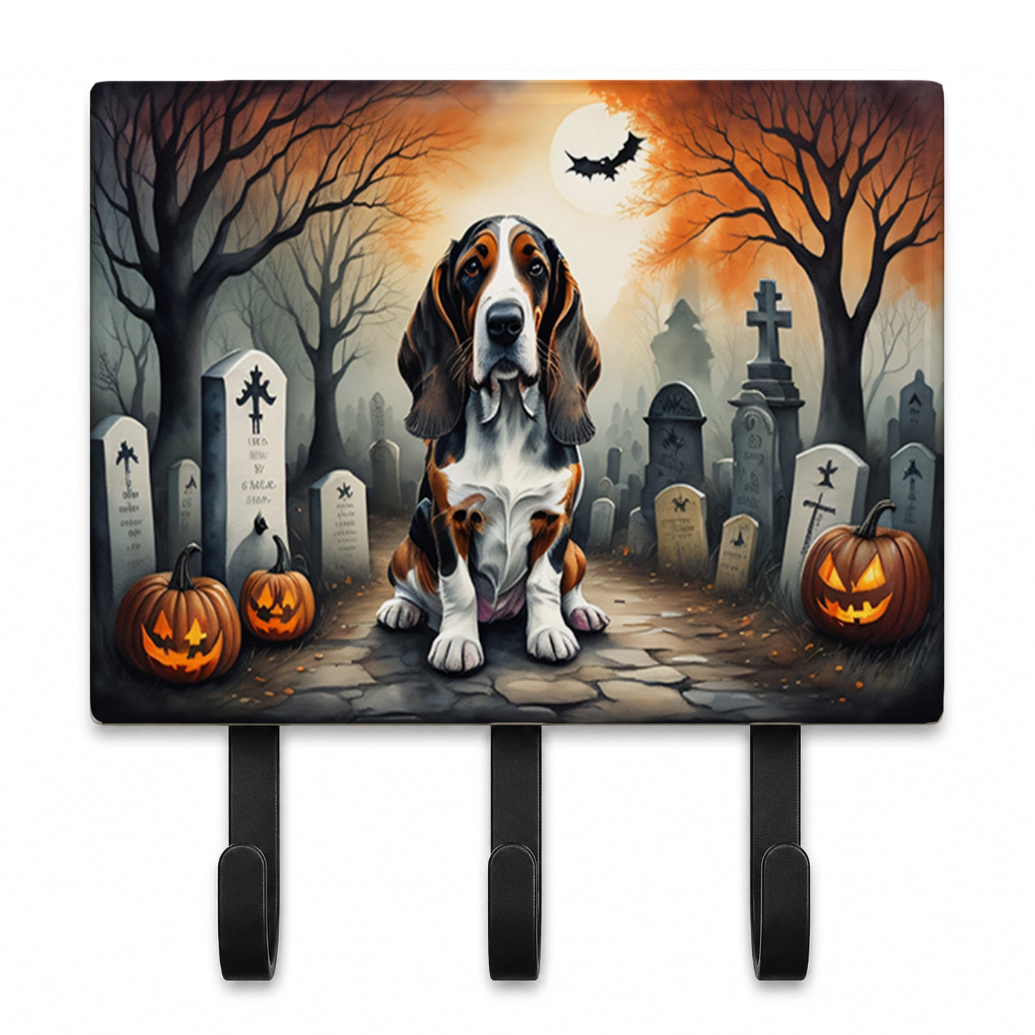 Basset Hound Spooky Halloween Leash or Key Holder Wall Hooks, Coat Rack Wall Mount, for Hanging Keys, Towels, Aprons, Leashes