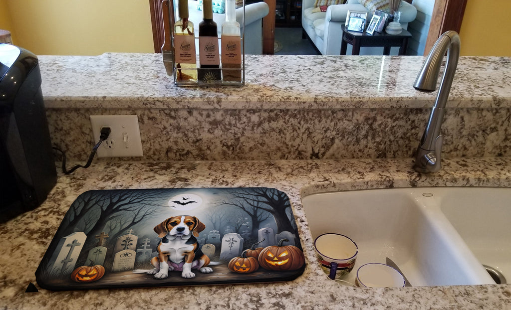 Beagle Spooky Halloween Dish Drying Mat Absorbent Dish Drying Mat Pad for Kitchen Counter Dish Drainer Mat for Countertop, 14 x 21", Multicolor
