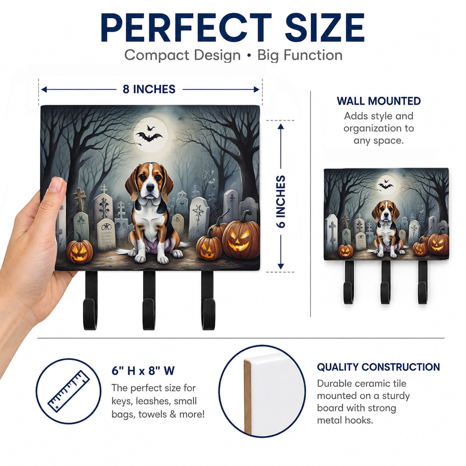 Beagle Spooky Halloween Leash or Key Holder Wall Hooks, Coat Rack Wall Mount, for Hanging Keys, Towels, Aprons, Leashes