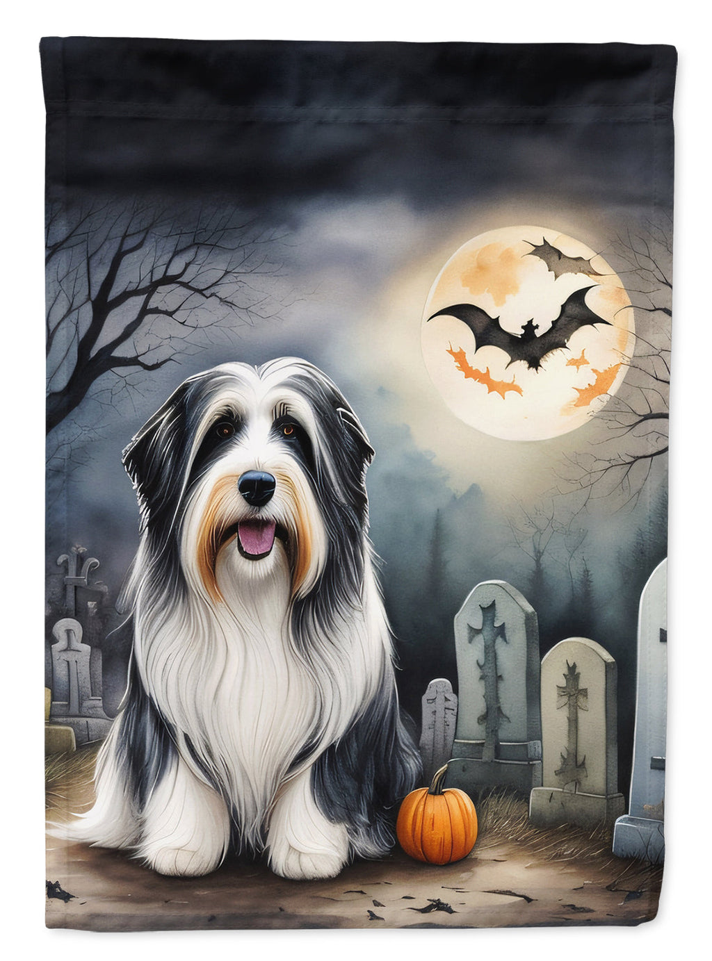 Bearded Collie Spooky Halloween House Flag 28x40 Porch Sleeve Pole Decorative Outside Yard Banner Artwork Wall Hanging, Polyester