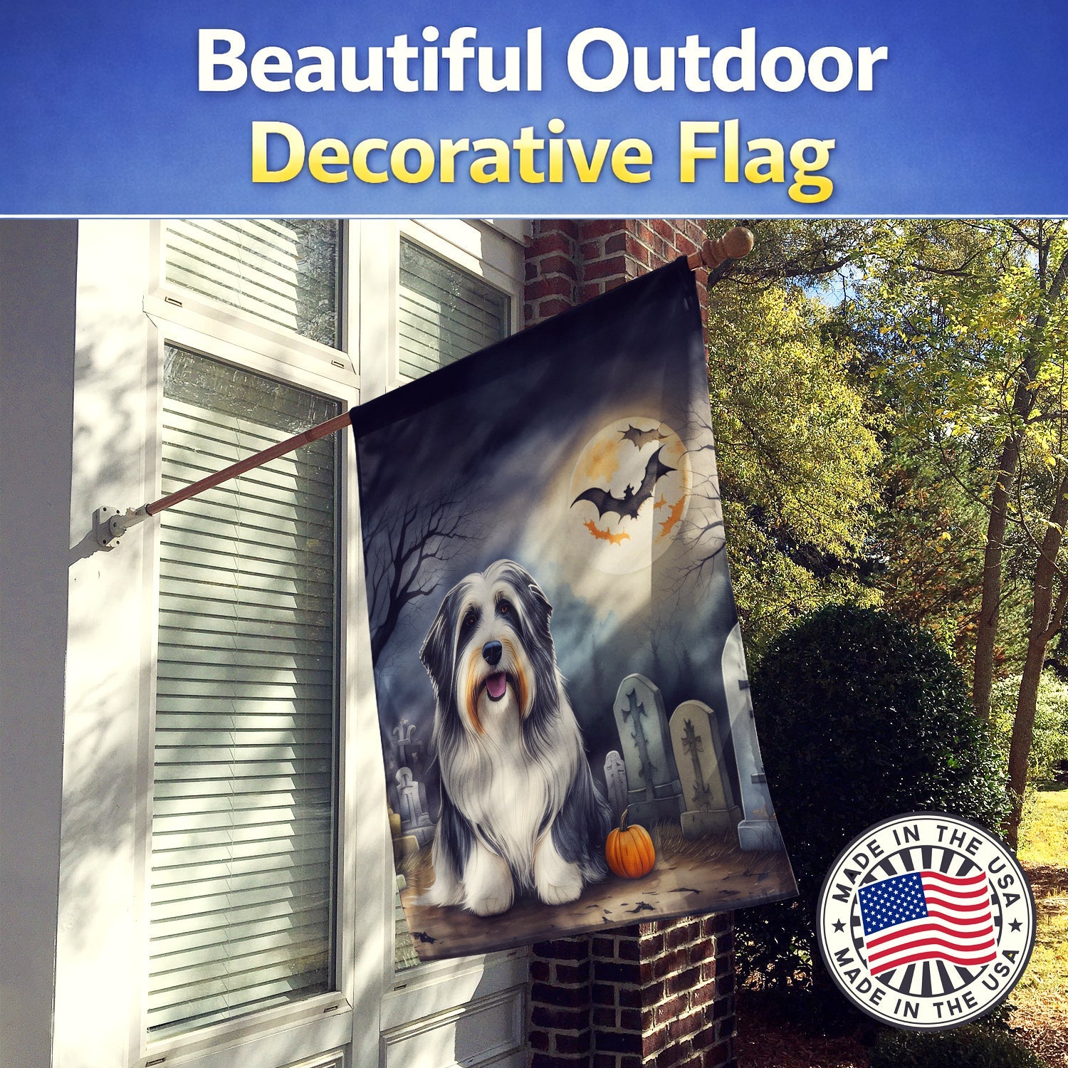 Bearded Collie Spooky Halloween House Flag 28x40 Porch Sleeve Pole Decorative Outside Yard Banner Artwork Wall Hanging, Polyester