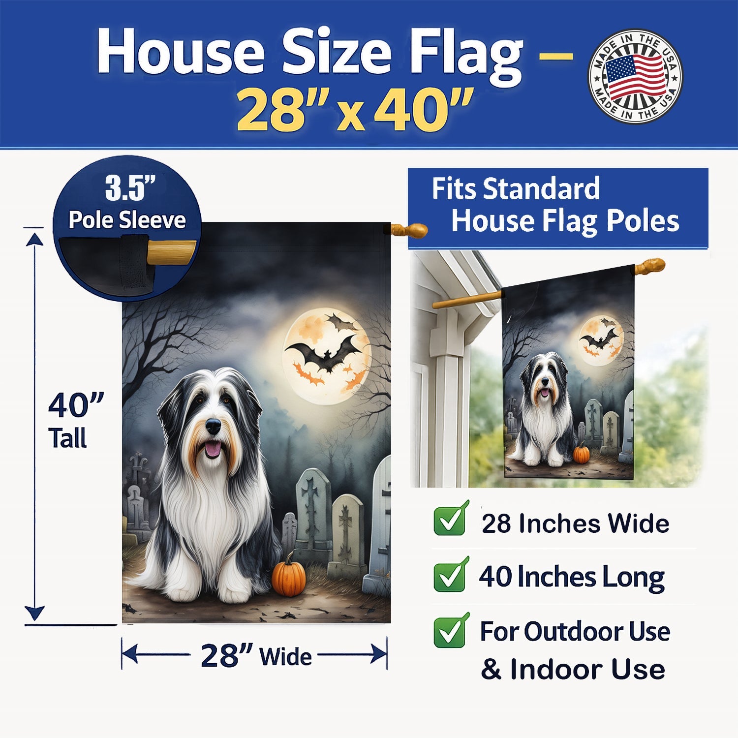 Bearded Collie Spooky Halloween House Flag 28x40 Porch Sleeve Pole Decorative Outside Yard Banner Artwork Wall Hanging, Polyester