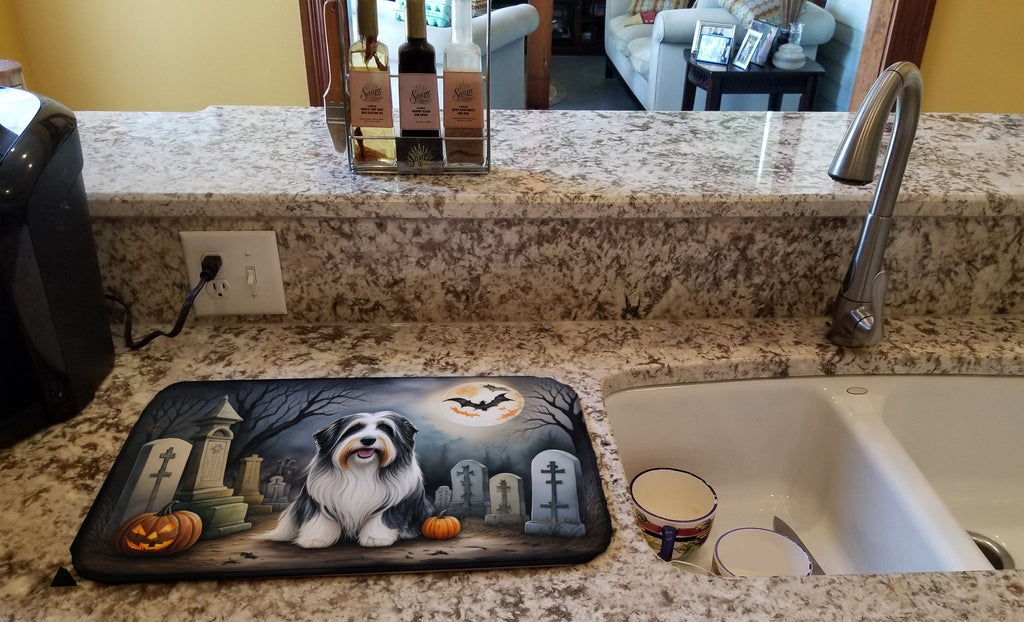 Bearded Collie Spooky Halloween Dish Drying Mat Absorbent Dish Drying Mat Pad for Kitchen Counter Dish Drainer Mat for Countertop, 14 x 21", Multicolor