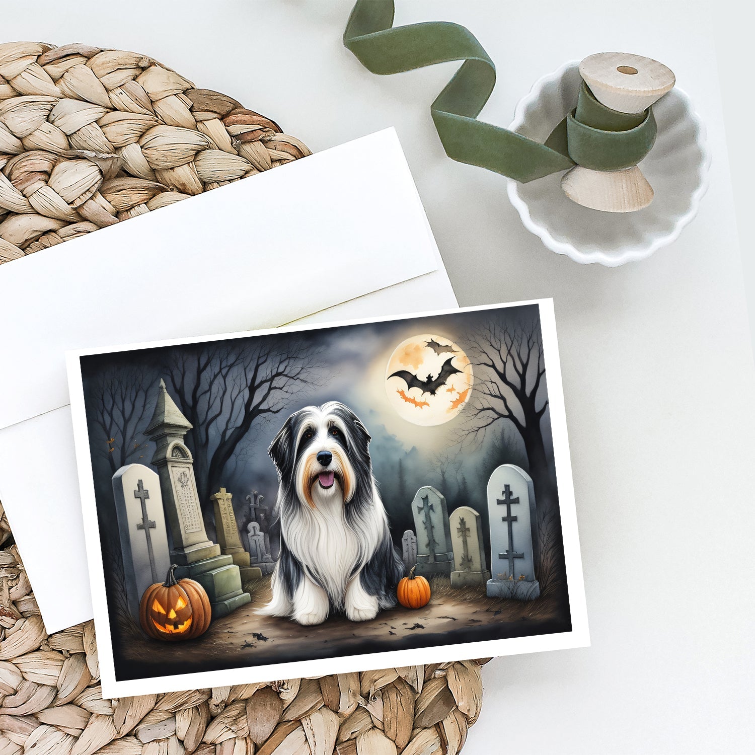 Bearded Collie Spooky Halloween Greeting Cards Pack of 8 Blank Cards with Envelopes Whimsical A7 Size 5x7