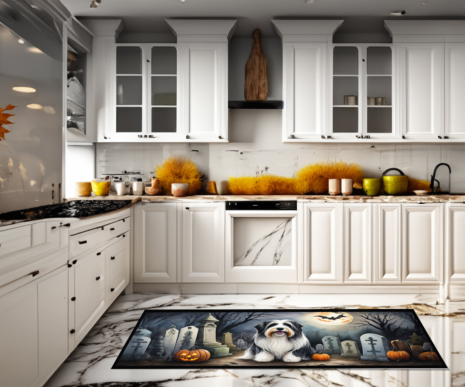 Bearded Collie Spooky Halloween Runner Mat 28x58 Front Door Mat Indoor Outdoor Rugs for Entryway Hallway Foyer Non Slip Washable Wide Doormat