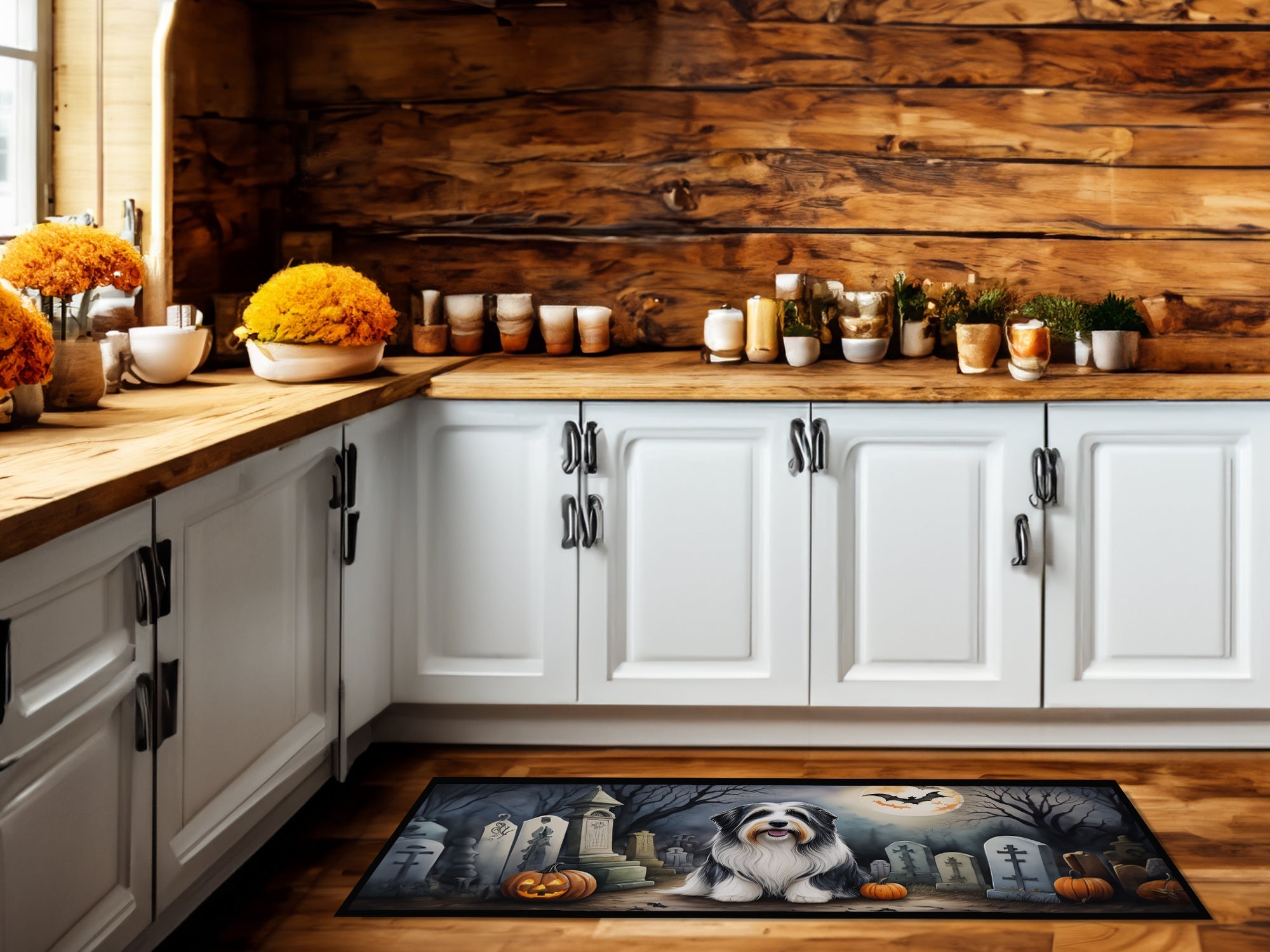 Bearded Collie Spooky Halloween Runner Mat 28x58 Front Door Mat Indoor Outdoor Rugs for Entryway Hallway Foyer Non Slip Washable Wide Doormat