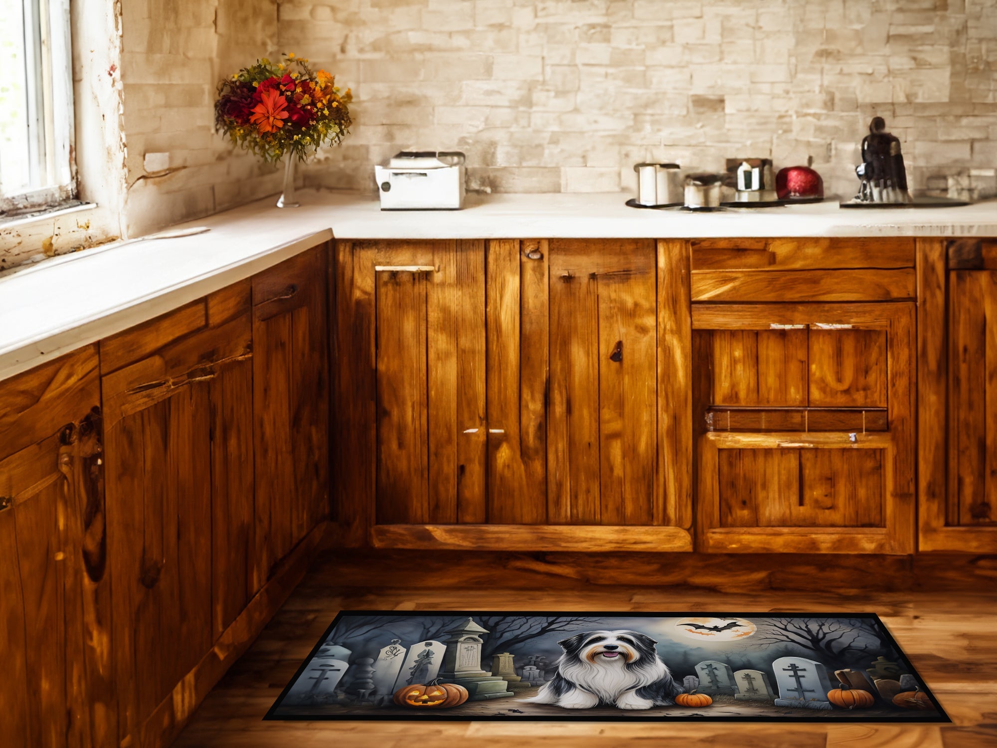 Bearded Collie Spooky Halloween Runner Mat 28x58 Front Door Mat Indoor Outdoor Rugs for Entryway Hallway Foyer Non Slip Washable Wide Doormat