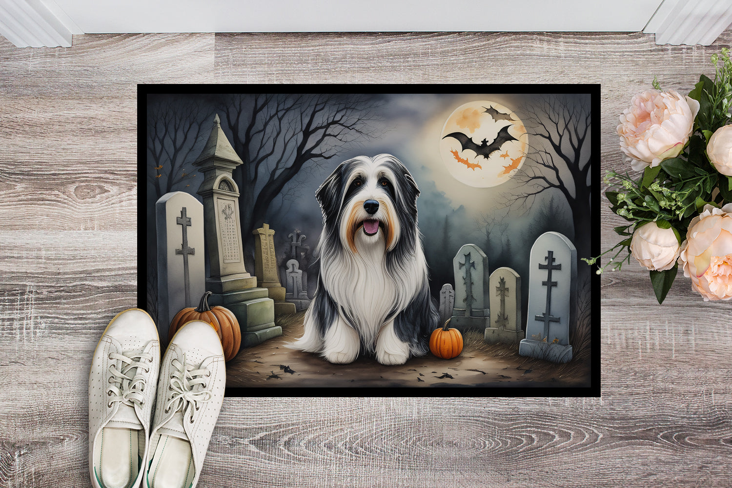 Bearded Collie Spooky Halloween Doormat Indoor Outdoor 18H X 27W Front Door Mat Rugs for Entryway, Non Slip Washable