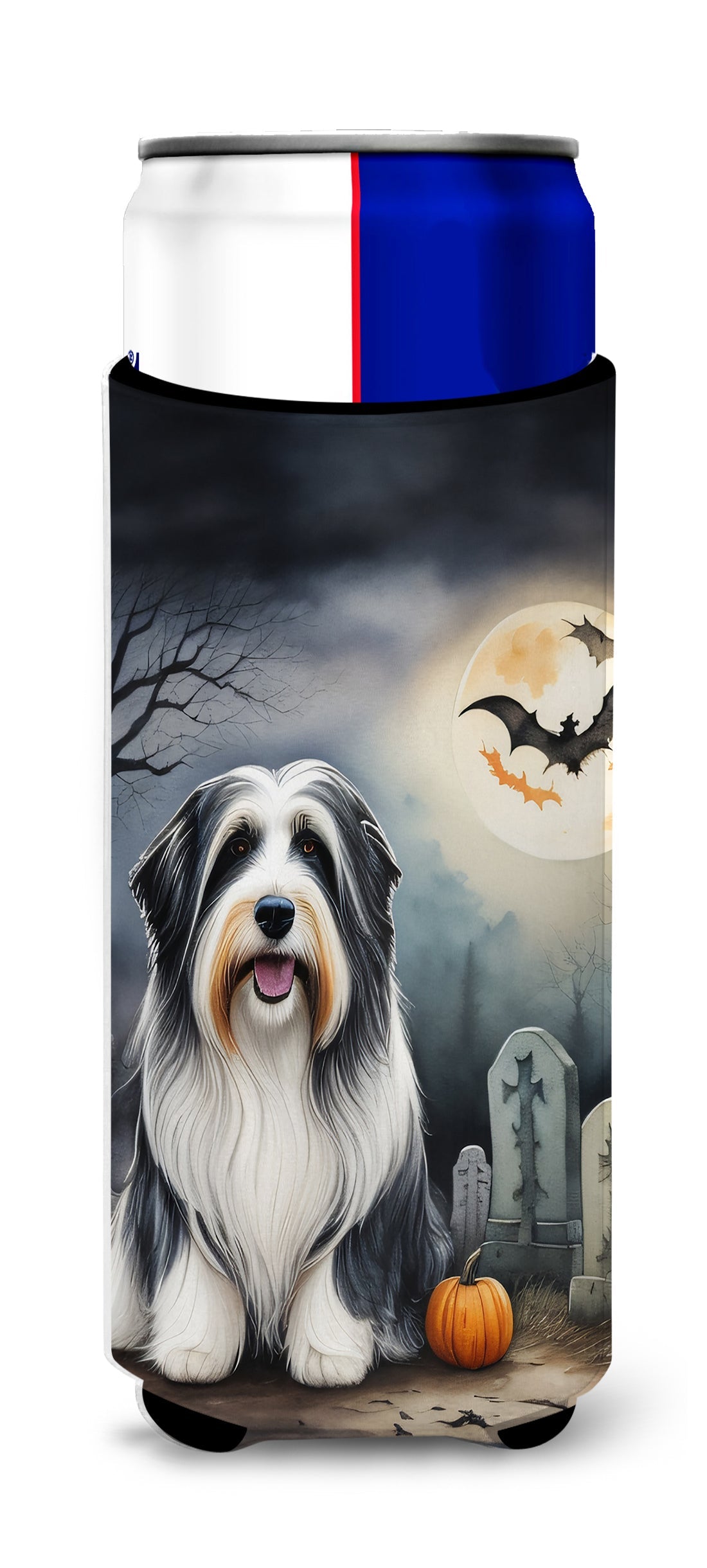 Bearded Collie Spooky Halloween Slim Can Hugger , Insulated Foam Hugger for 12 oz Slim Cans, Beer Bottles & Water Bottles, Printed in USA
