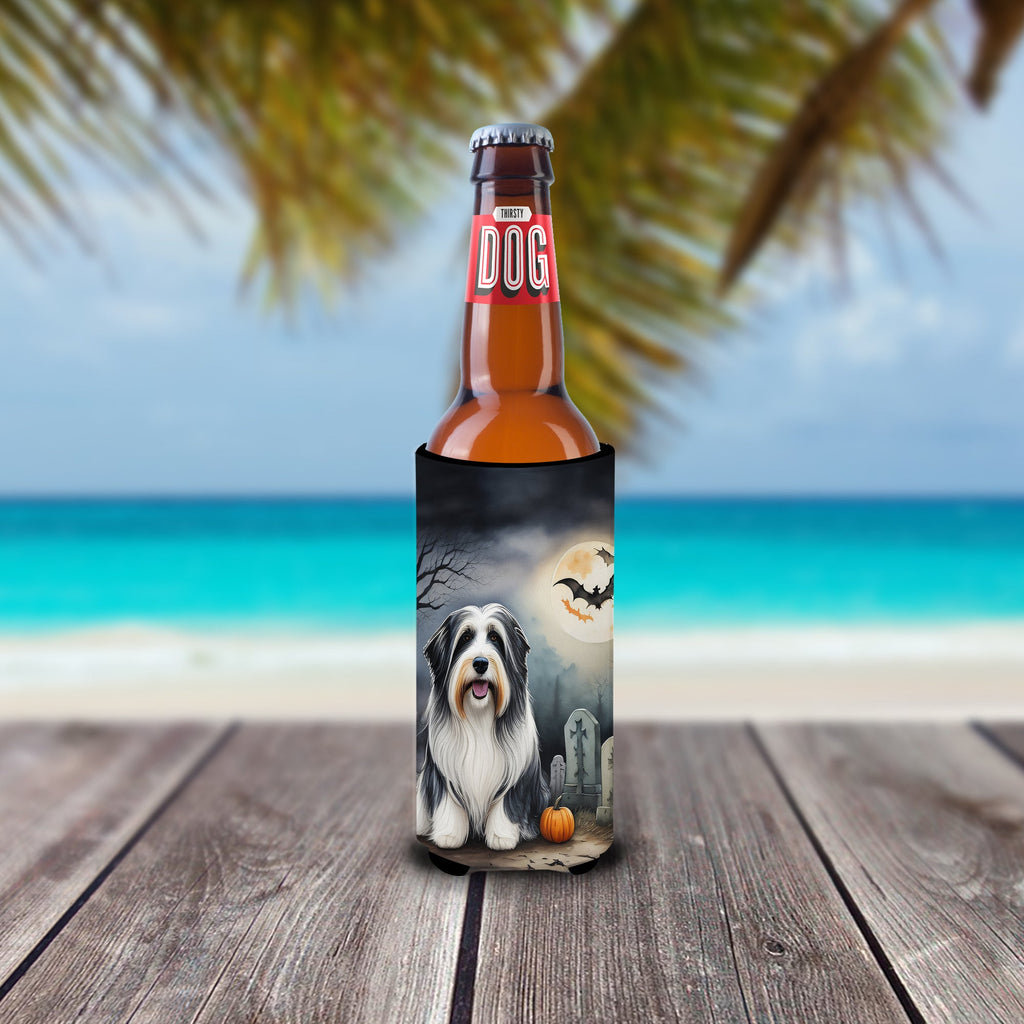 Bearded Collie Spooky Halloween Slim Can Hugger , Insulated Foam Hugger for 12 oz Slim Cans, Beer Bottles & Water Bottles, Printed in USA