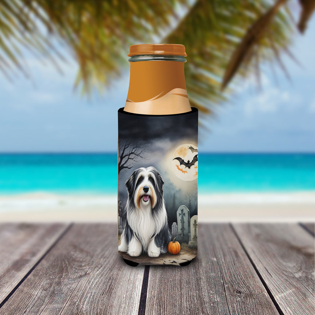 Bearded Collie Spooky Halloween Slim Can Hugger , Insulated Foam Hugger for 12 oz Slim Cans, Beer Bottles & Water Bottles, Printed in USA