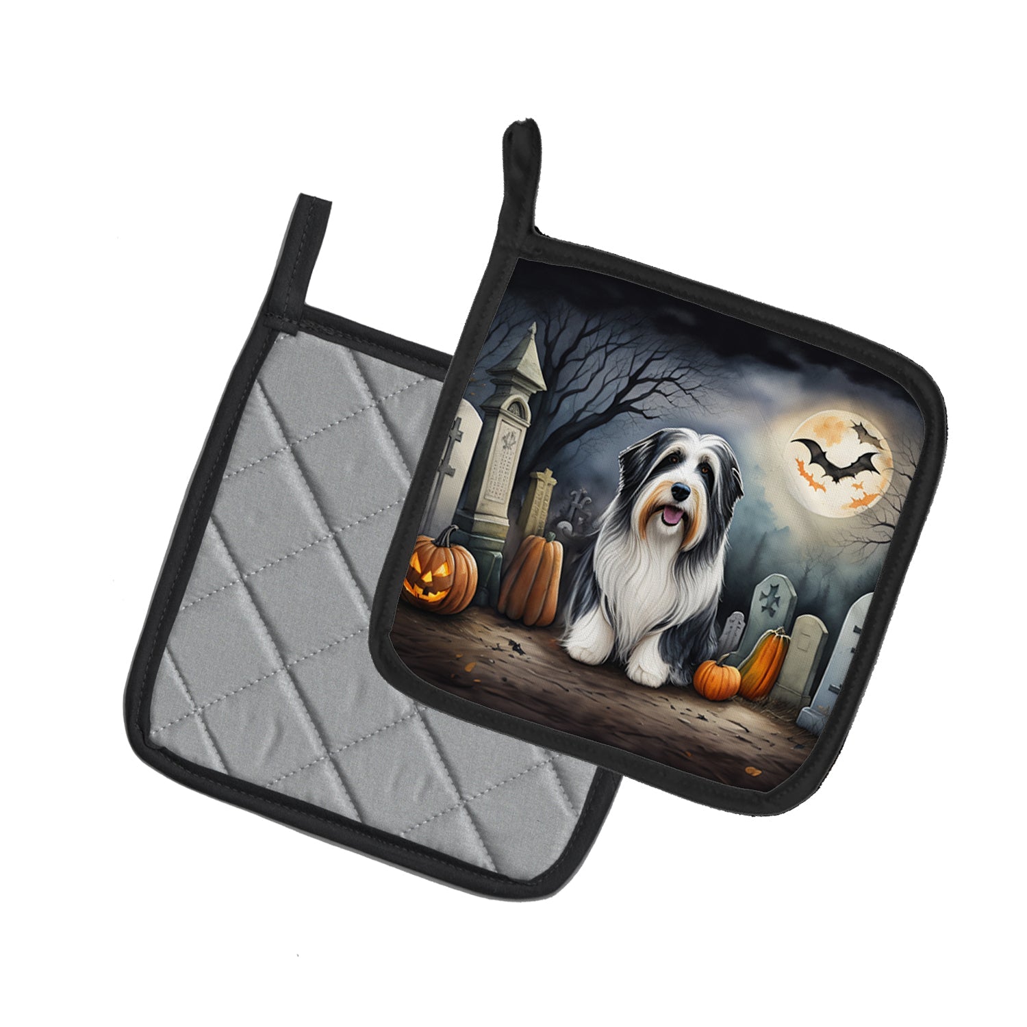 Bearded Collie Spooky Halloween Pot Holder Set of 2 Heat Resistant Quilted Hot Pads 7.5 x 7.5 Inch, Insulated Kitchen Trivets for Cooking & Baking