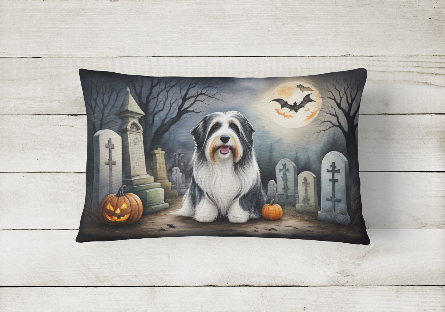 Bearded Collie Spooky Halloween Decorative Throw Pillow 12x16 Indoor Outdoor Accent Cushion, Fabric Cover with Insert for Sofa, Bed, Porch & Living Room