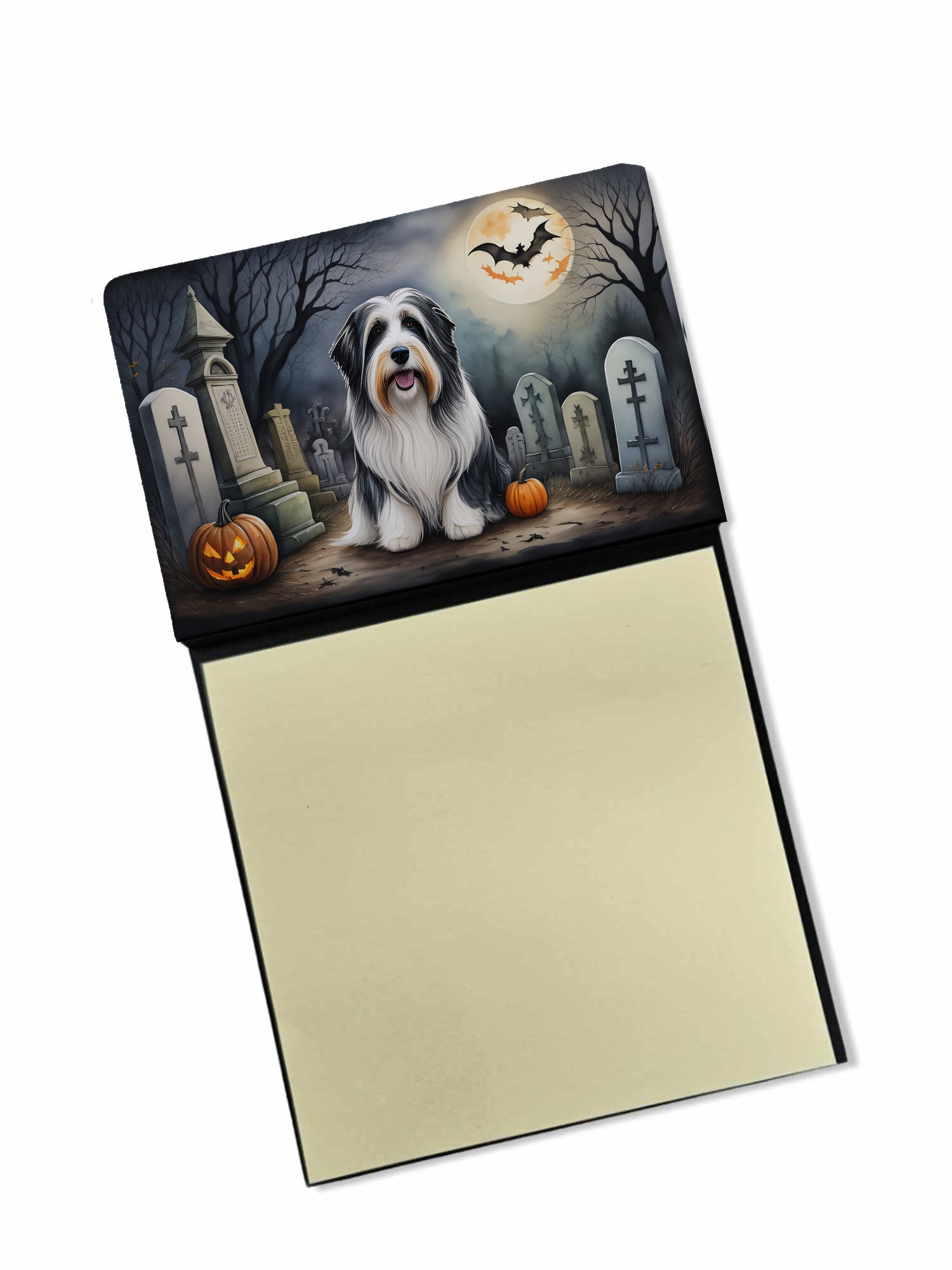 Bearded Collie Spooky Halloween Watercolor Sticky Note Holder Refillable Dispenser Desk Accessory 3x3 Pad Gift