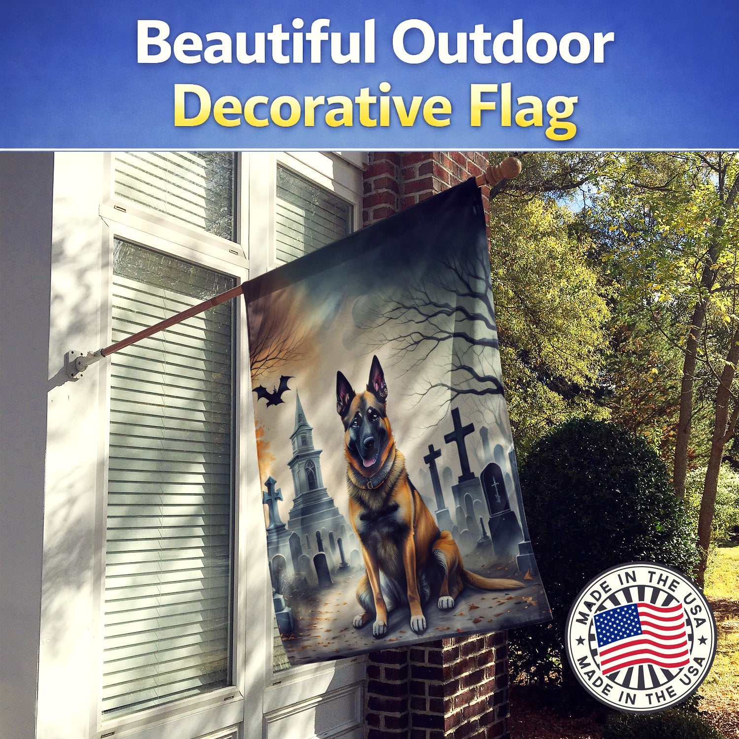 Belgian Malinois Spooky Halloween House Flag 28x40 Porch Sleeve Pole Decorative Outside Yard Banner Artwork Wall Hanging, Polyester